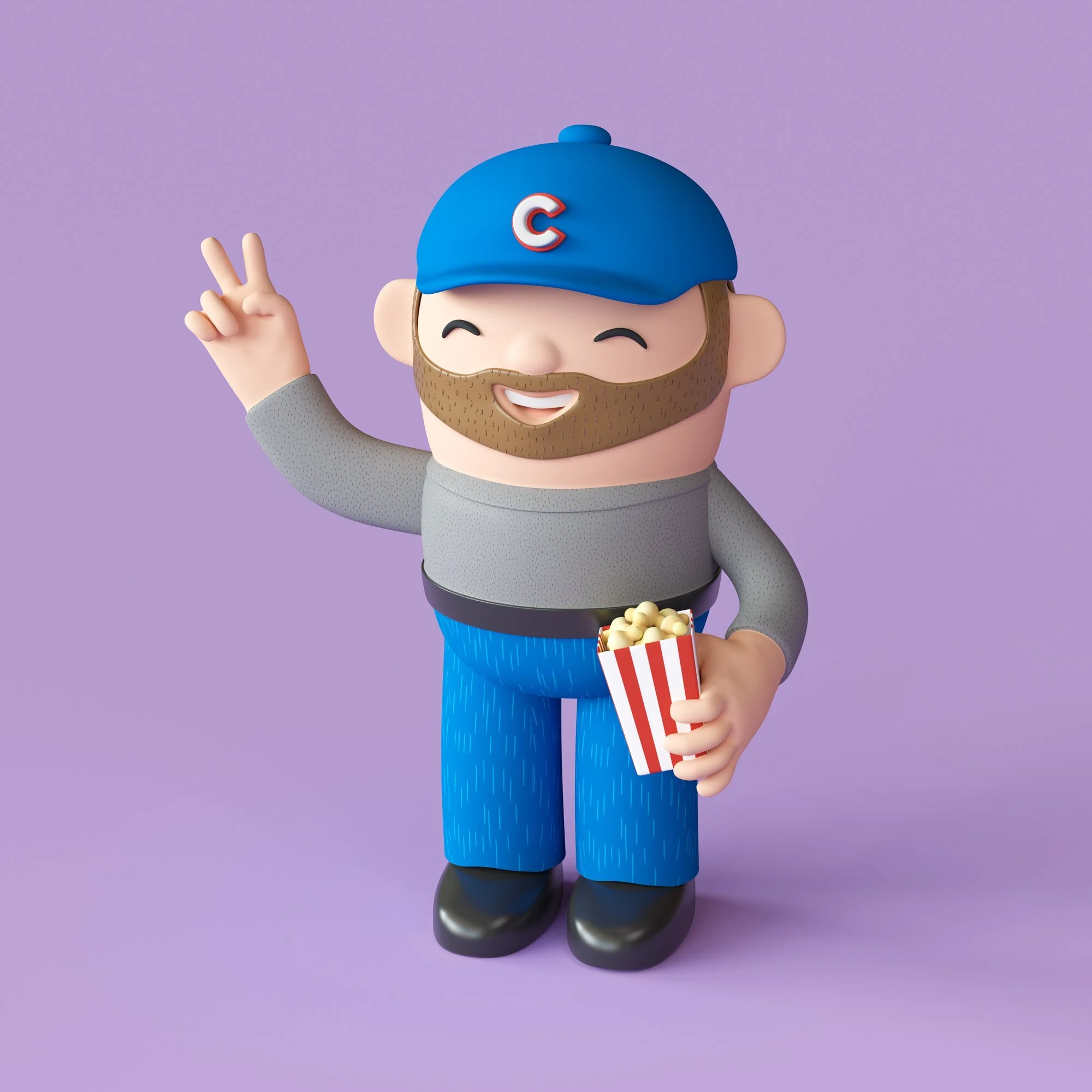 Colorful 3D Art Portrait man with blue cap with a C, brown beard, grey sweater and blue pants, holding popcorn by Noah Camp