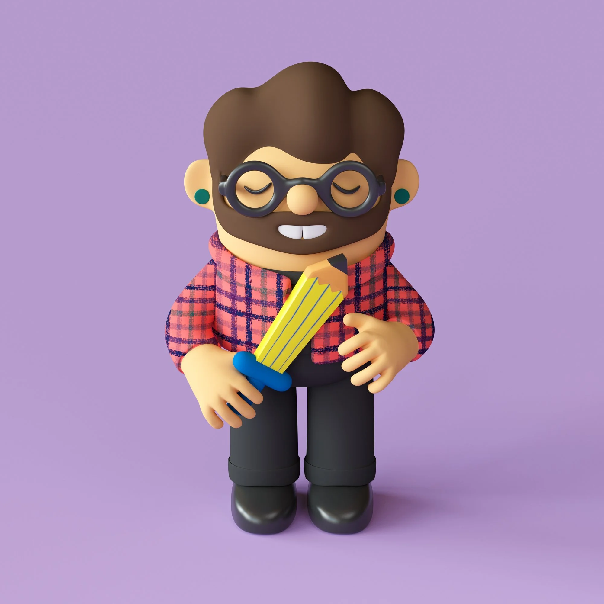 Colorful 3D Art Portrait man with brown hair and beard, red sweatshirt, black pants and eyeglasses, holding a pencil sword by Noah Camp