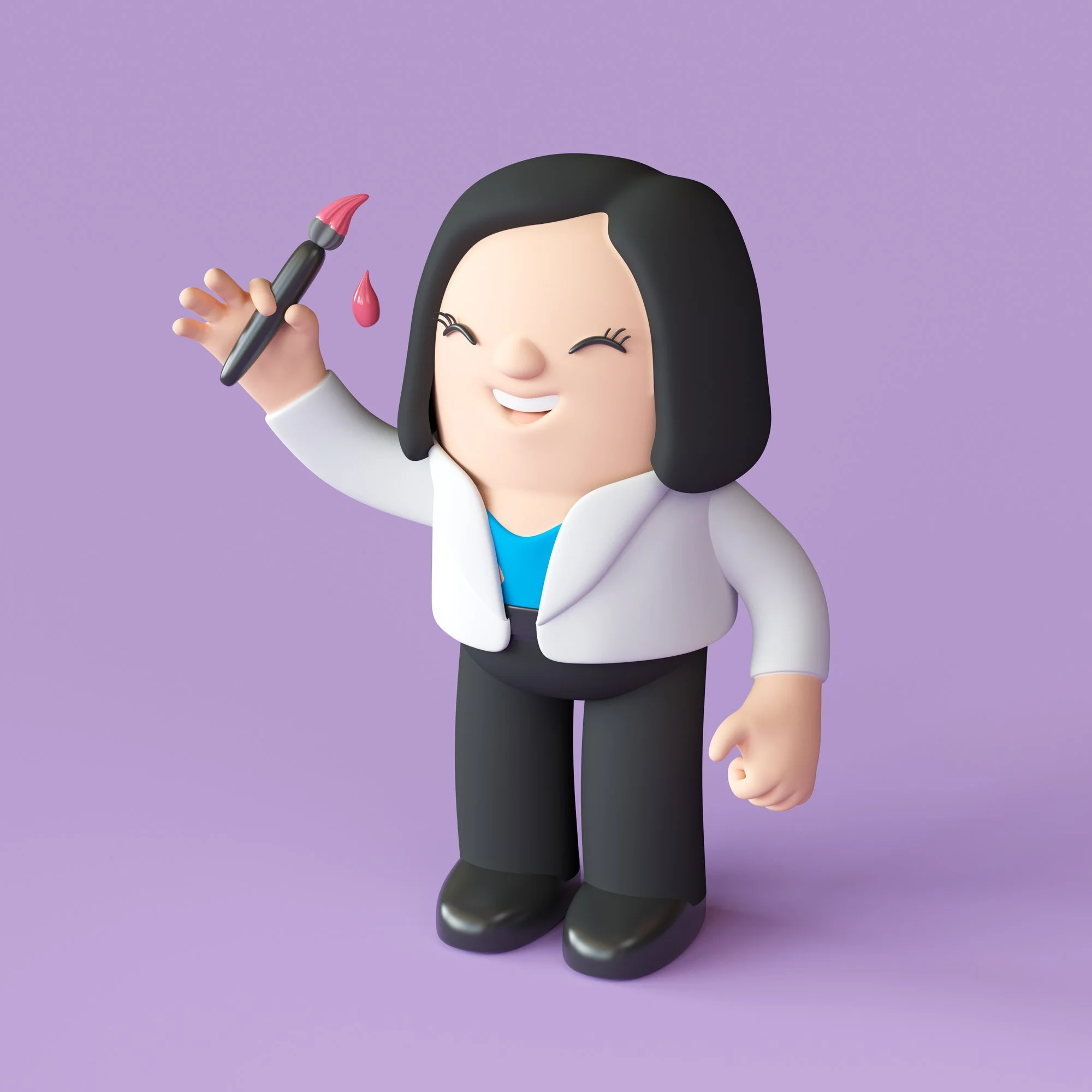 Colorful 3D Art Portrait woman with black hair, white blazer and black pants, holding paintbrush by Noah Camp