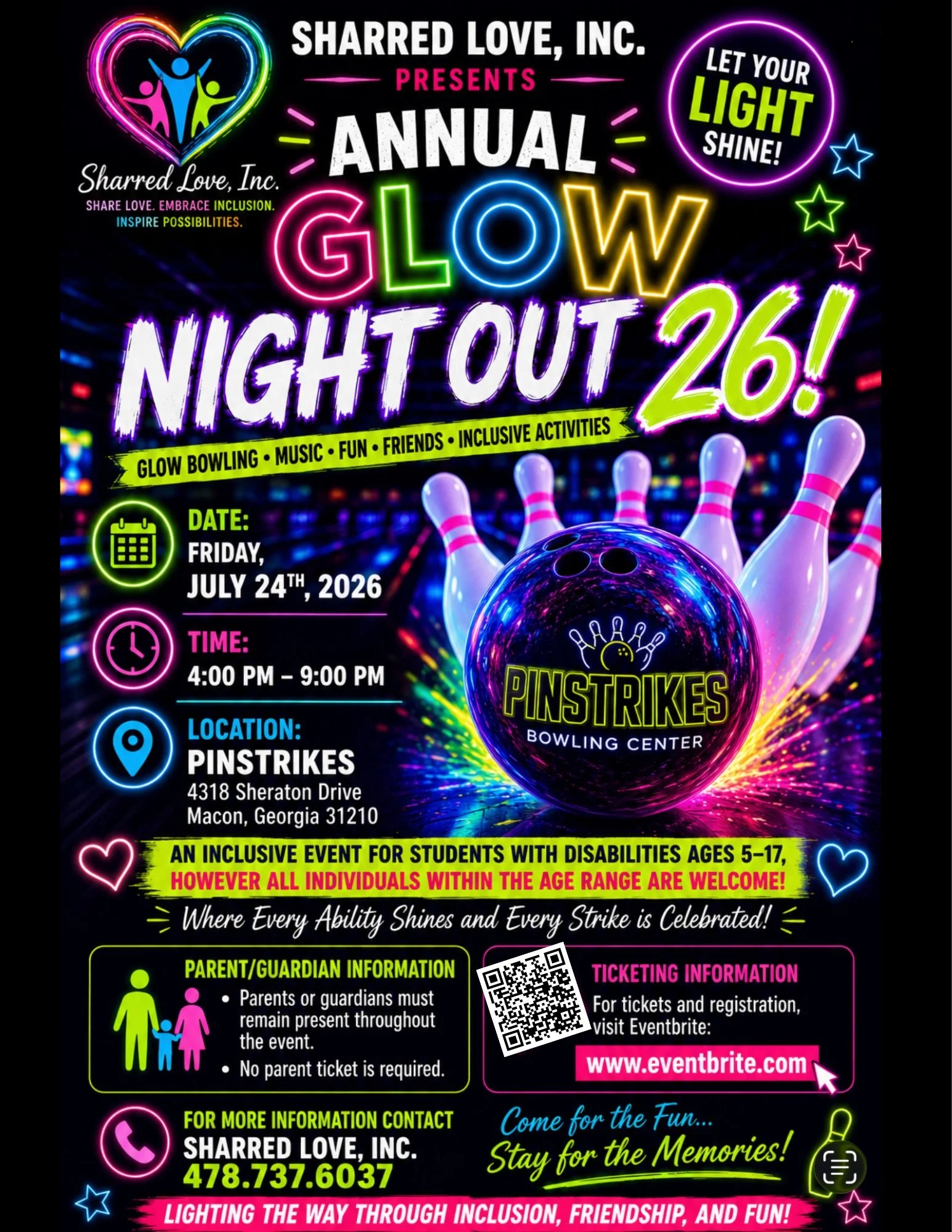 A colorful event poster for Sharred Love Inc.'s annual glow night out on July 24, 2026, at Pinstrikes Bowling Center in Macon, Georgia. Features neon-style graphics of bowling balls, pins, and abstract shapes, with details about the event's activities, age inclusivity, and contact information.