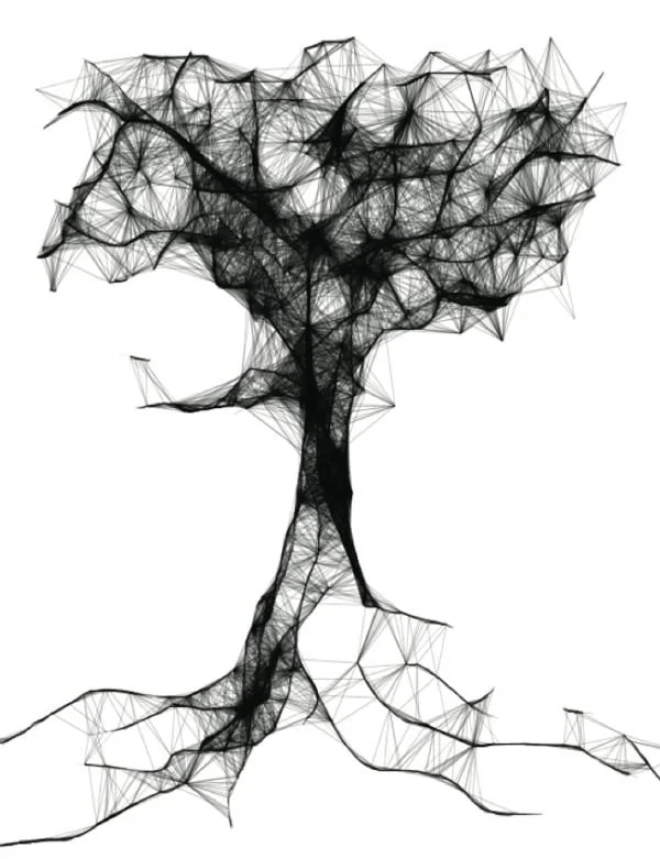 Abstract black line drawing of a tree with roots against a white background.