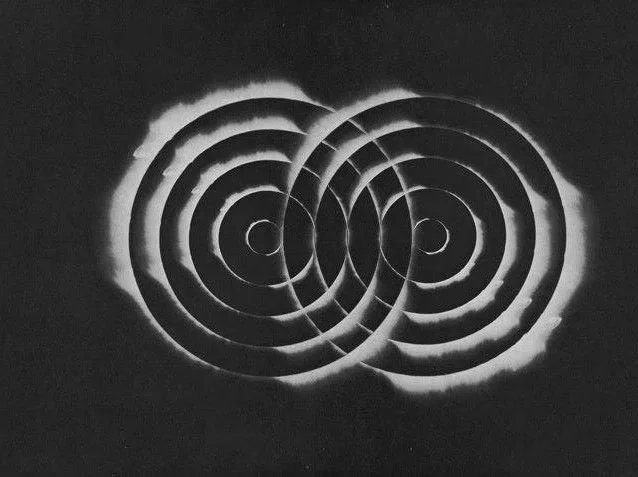 Black and white image of concentric circles with overlapping patterns, resembling a science diagram or optical illusion.