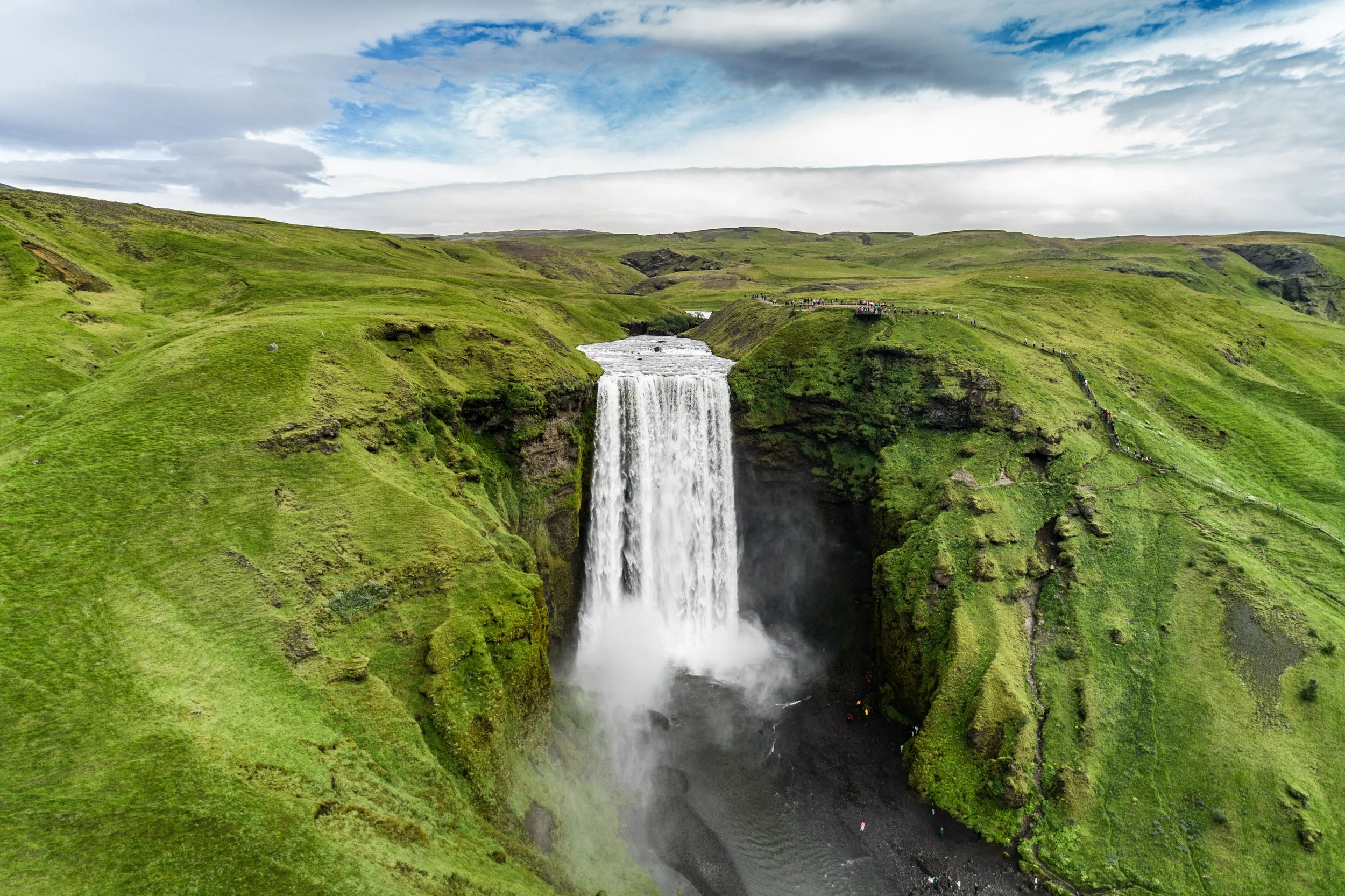 Aerial view of Iceland waterfall; stock image; Skogafoss