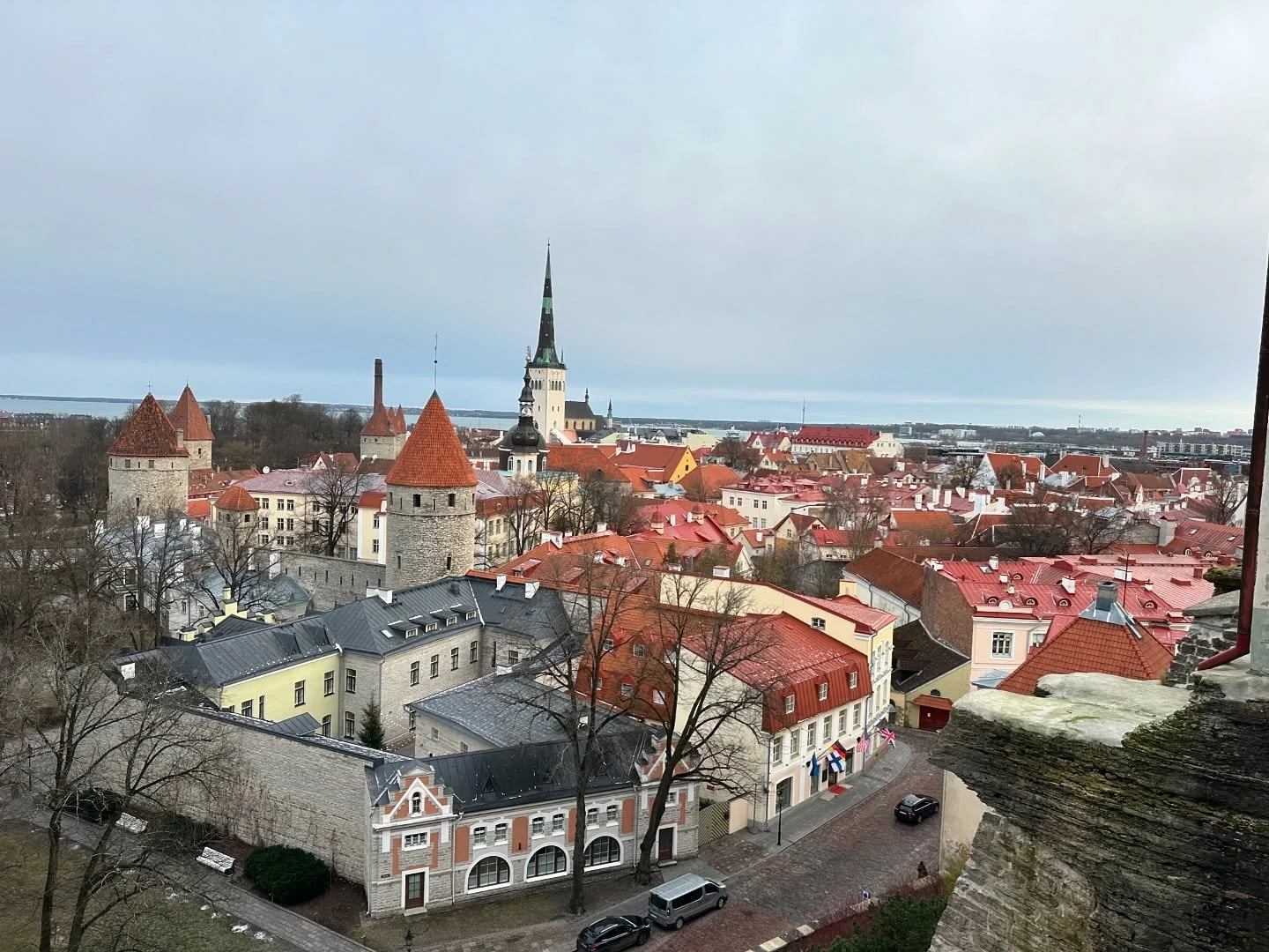 Tallinn recap! 
🎄We took the ferry from Helsinki to Tallinn for the day. 
🎄 We visited the Christmas market and Santa in Tallinn (cost=free). 
🎄We walked up to the wall and looked down at the old town (you can see all the way to the water from her