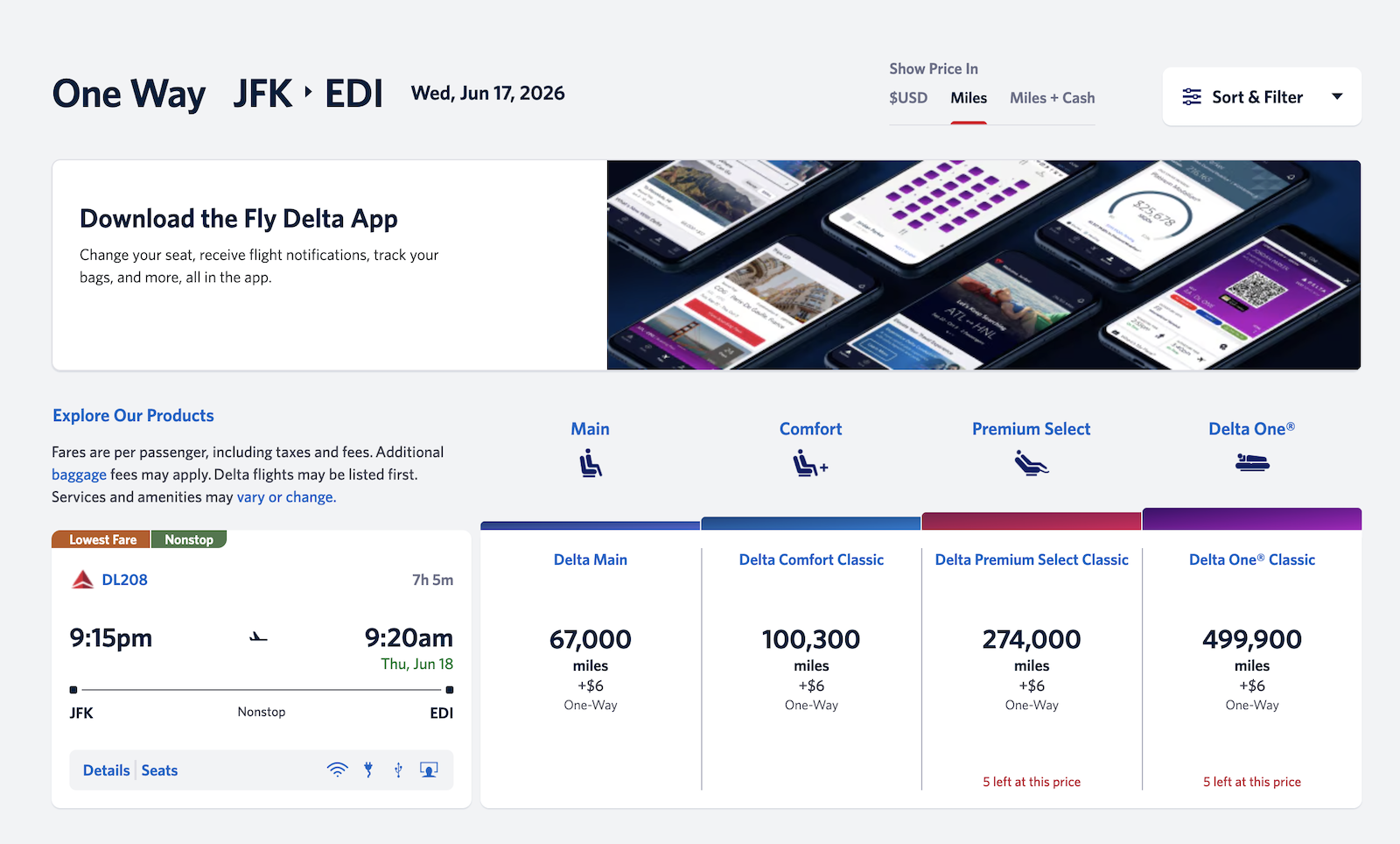 A picture of booking with points on Delta to fly from New York to Edinburgh, Scotland.