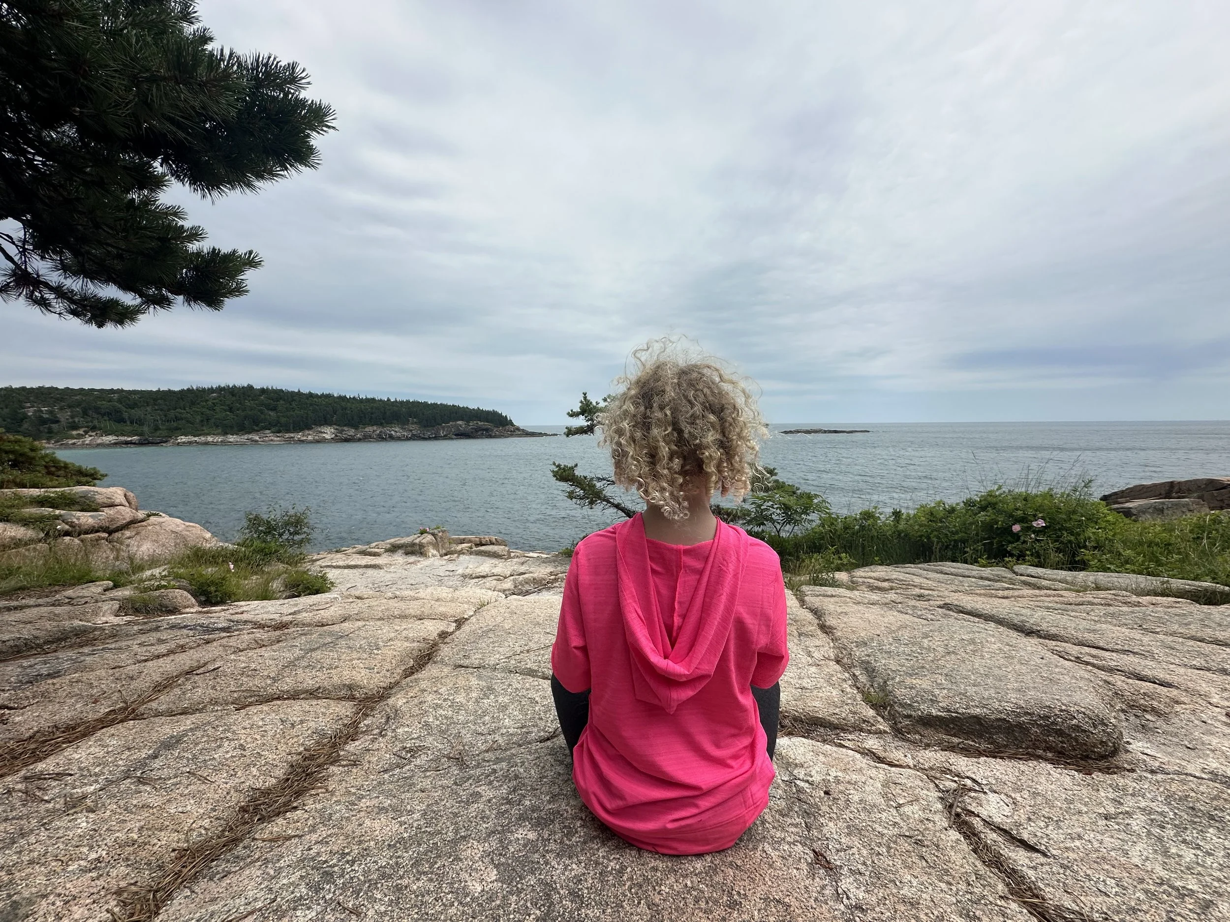 Child sitting in Acadia National Park looking at the Atlantic Ocean