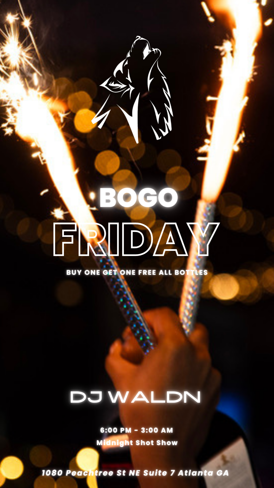 A person's hand holding two sparklers with bright sparks in the dark night. Overlayed text promotes a Black Friday event with a wolf logo.