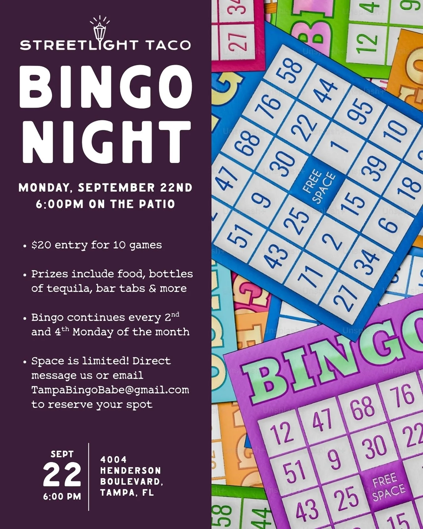 Monday nights just got a whole lot more fun! Join us September 22nd at 6PM sharp for our first-ever Streetlight Bingo Night

Space is limited! Send us a DM or email TampaBingoBabe@gmail.com to reserve your spot

Can&rsquo;t make it? Don&rsquo;t worry