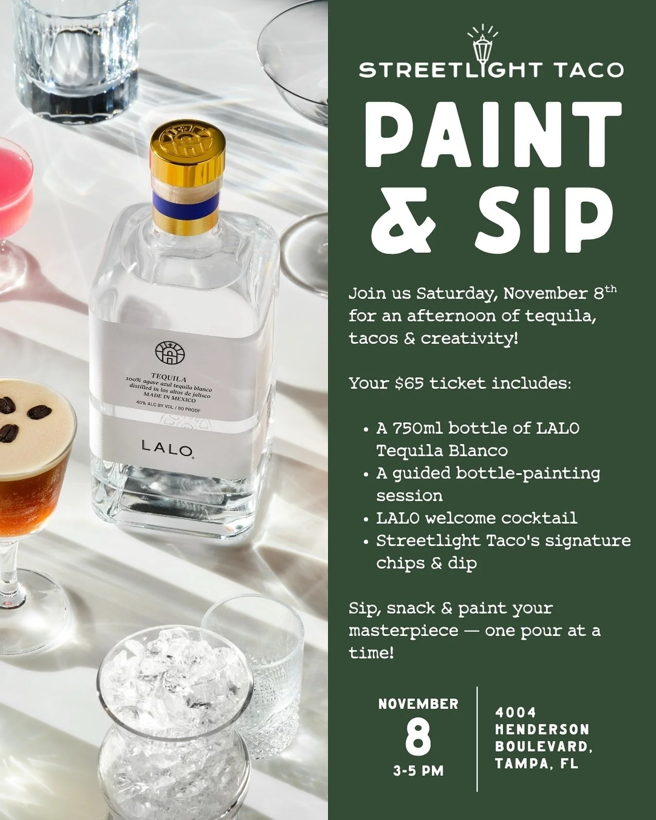 We&rsquo;re hosting another Paint &amp; Sip class with LALO on Saturday, November 8th! Enjoy a guided bottle-painting session, a welcome cocktail and our signature chips &amp; dip &mdash; all while painting your own @lalospirits tequila bottle 🎨✨🥃
