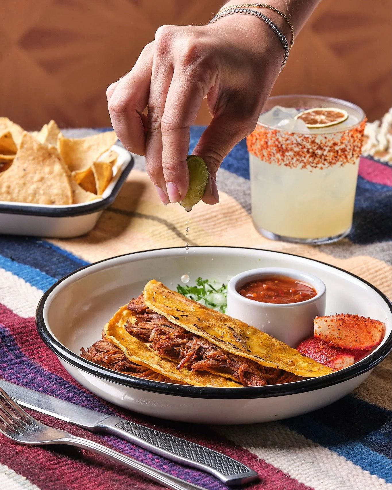 Taco Tuesday, Jalisco style 🌮 Braised adobo beef on griddled heirloom corn tortillas finished with cilantro, onion, radish &amp; Guadalajara salsa

Plus, enjoy free premium upgrades to @bluestartequila A&ntilde;ejo every Tuesday!