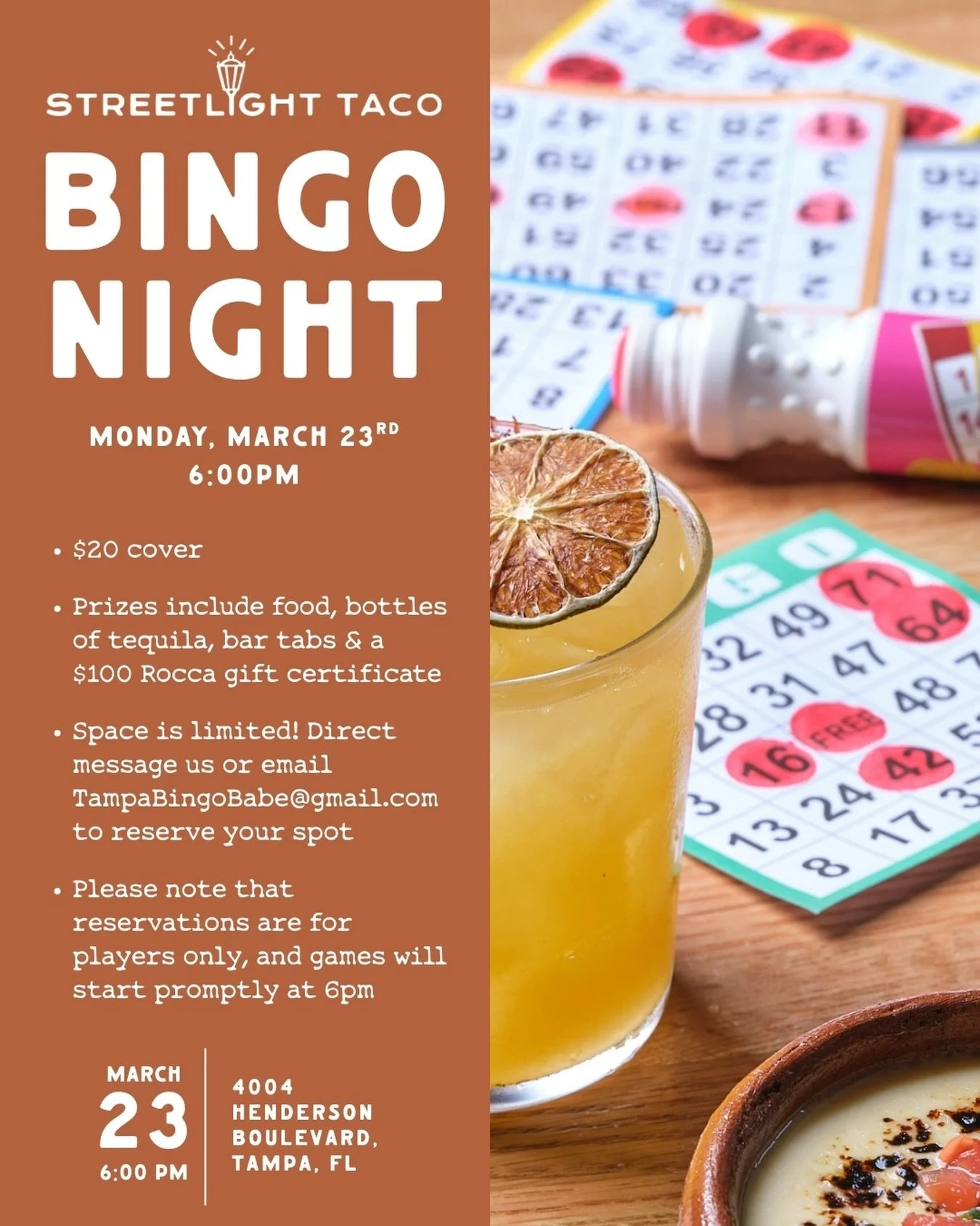 🌮BINGO NIGHT🍋&zwj;🟩

Join us Monday, March 23rd for a night of bingo, margs &amp; good vibes starting promptly at 6pm. 

Cover is $20 &amp; prizes range from Streetlight Taco food &amp; bar tables to bottles of tequila and a $100 @roccatampa gift 