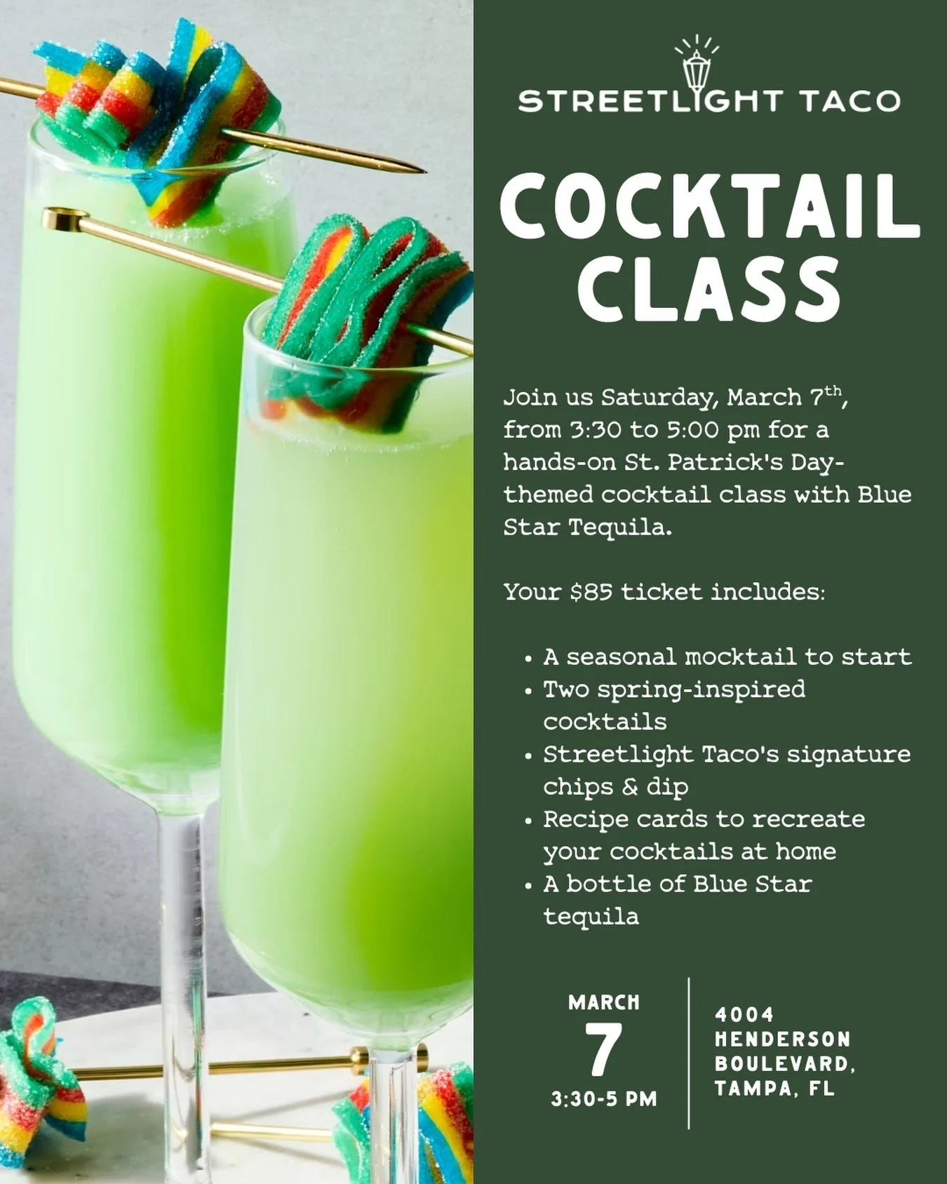 Join us for a hands-on St. Patrick&rsquo;s Day-themed cocktail class with @bluestartequila this Saturday, March 7th from 3:30-5pm ☘️🌈🎩 During the class you&rsquo;ll shake, stir and sip your way through festive cocktails, pick up pro tips from our t