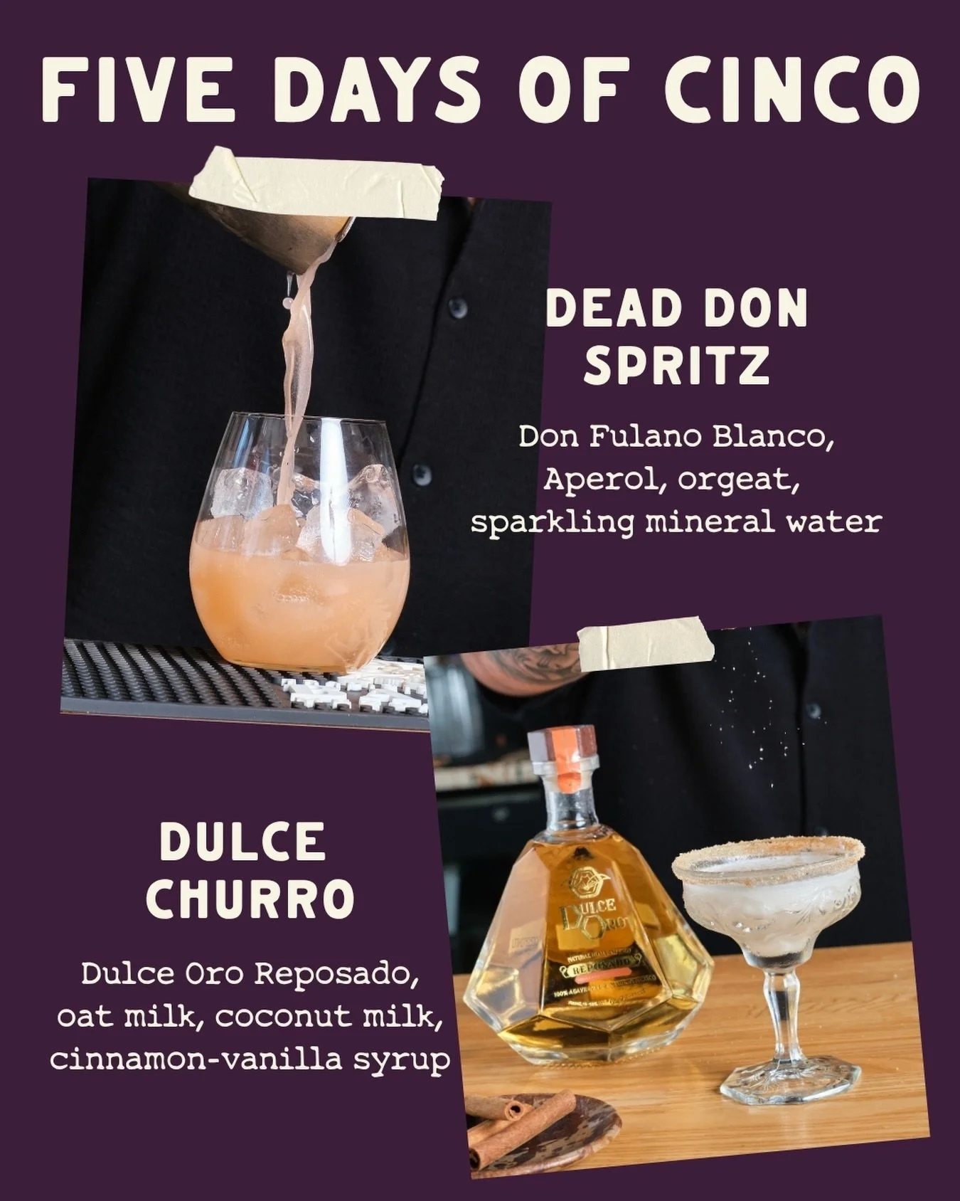 Day two = drinks on repeat 🍹

#FiveDaysOfCinco keeps pouring with two standouts: The Dead Don Spritz - bright, bitter, and sparkling with @sipdonfulano blanco, Aperol, orgeat &amp; mineral water 

And the Dulce Churro - smooth, spiced, and just swee