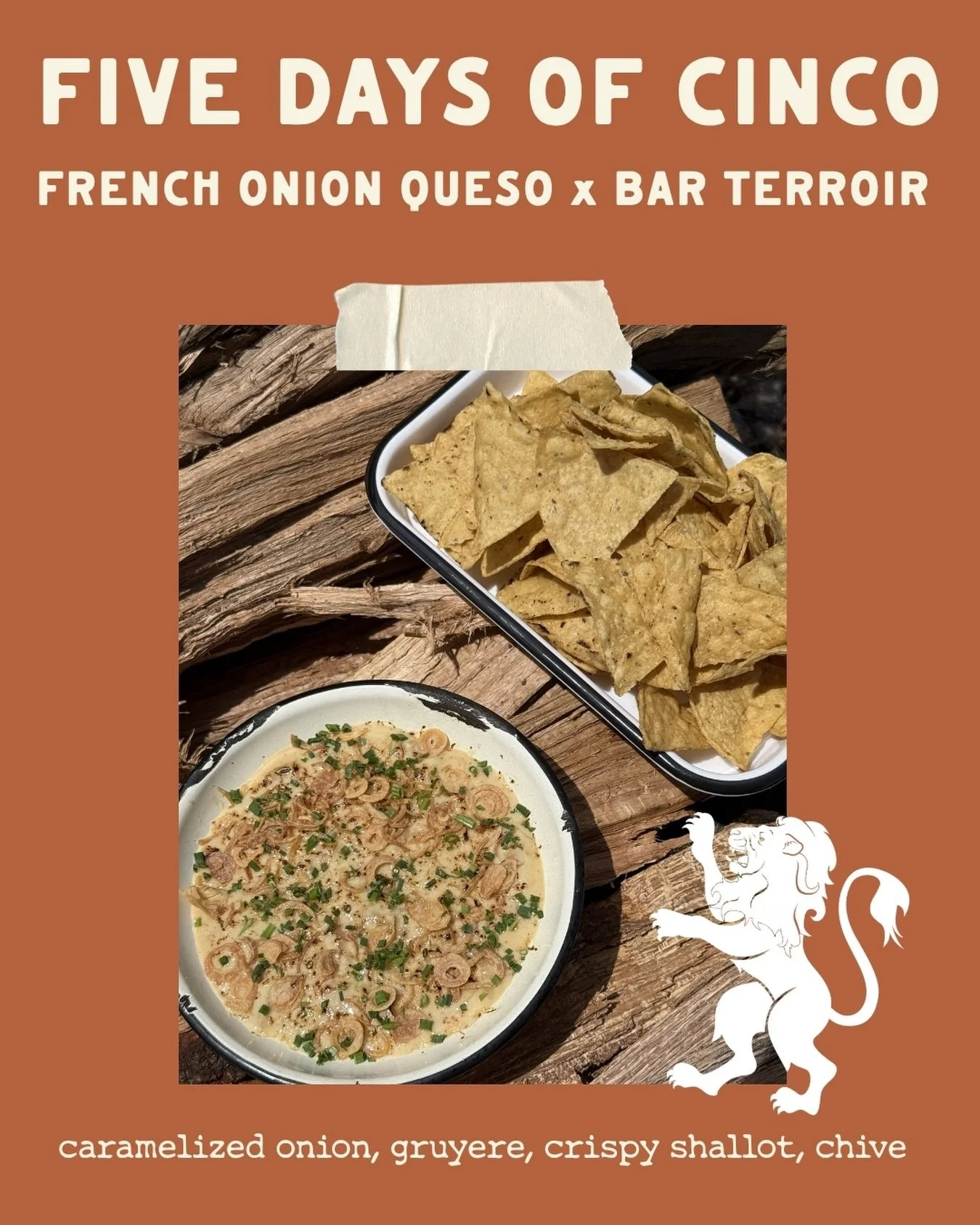 For day three of #FiveDaysOfCinco we&rsquo;re teaming up with @barterroir to introduce our French Onion Queso - caramelized onion, gruy&egrave;re, crispy shallots &amp; chives. Rich, savory, and built for dipping

Available now through Tuesday!