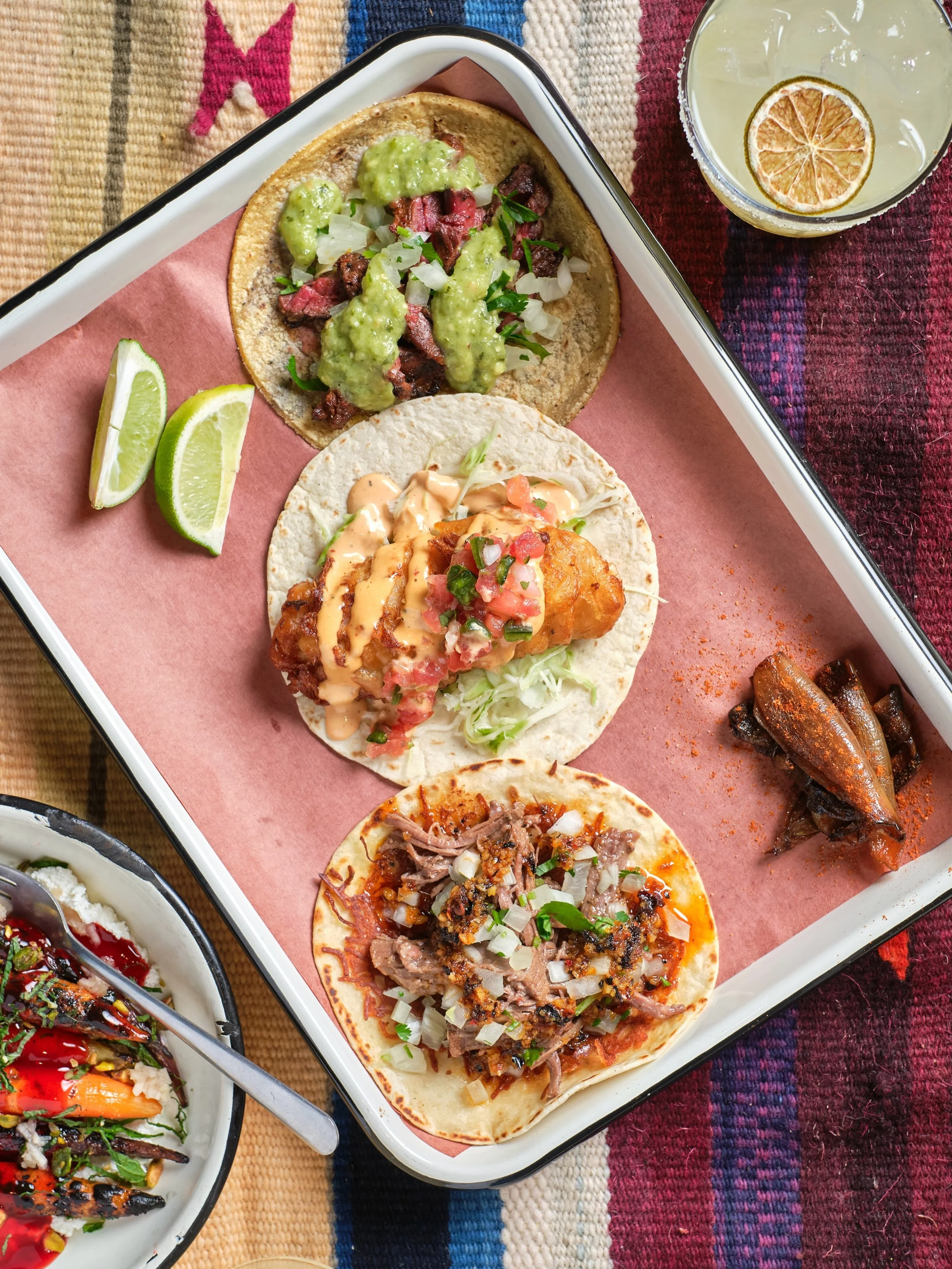 Start the week right with a taco tray 🌮 Three tacos + your choice of mercado side for $24, available every day for lunch!