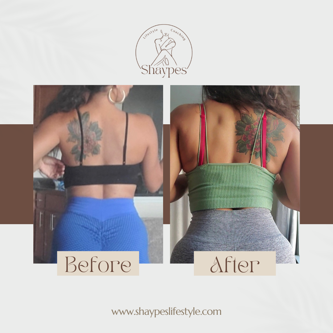 Before and after fitness transformation showing a woman's back with a tattoo and different outfits, labeled 'Before' and 'After'. Website: shaypeslifestyle.com.