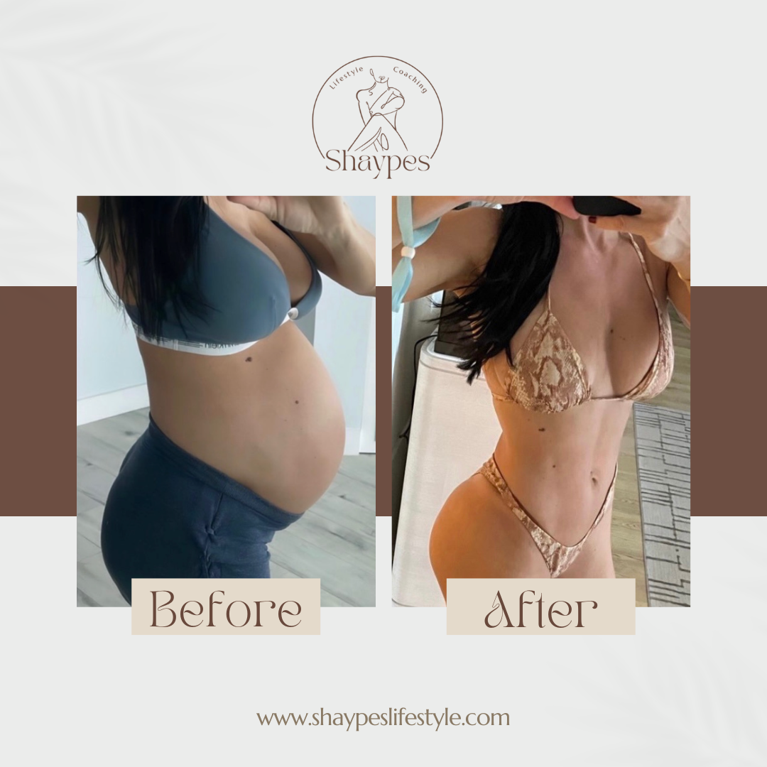 Before and after images of a woman's body transformation with Shaypes Lifestyle Coaching logo and website link.