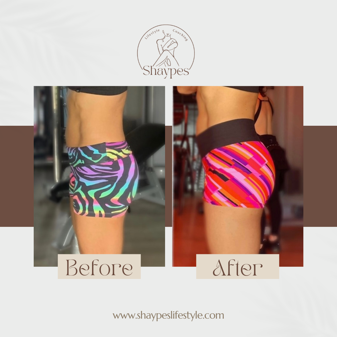 Side-by-side "before and after" photos showing a person’s waist and hips in colorful workout shorts, with a fitness logo and website URL at the top.