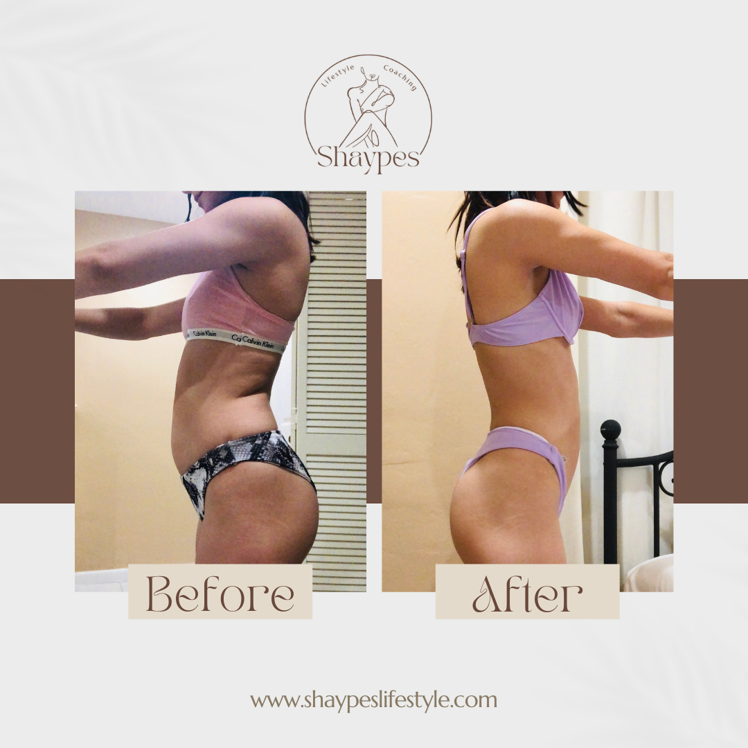 Before and after photos of a person showing a side profile body transformation, wearing different colored underwear. Contains a logo and website URL for Shaypes lifestyle coaching.