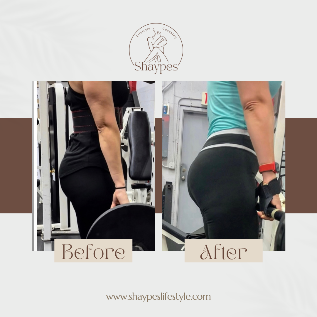 Before and after fitness transformation with weightlifting, featuring a woman in workout gear. Shaypes Lifestyle coaching logo and website URL displayed.