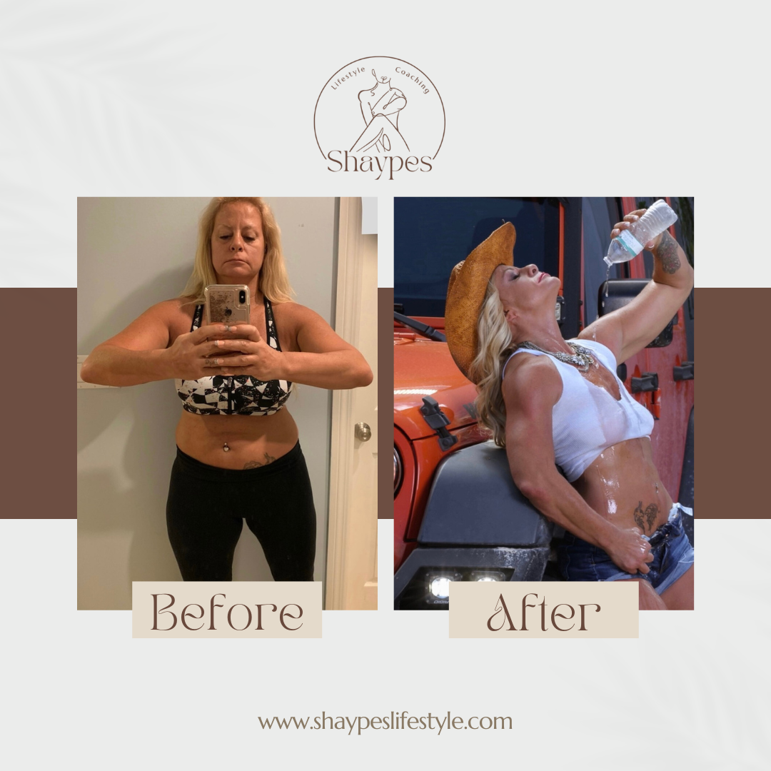Side-by-side transformation photos labeled "Before" and "After" showing a woman's fitness progress with Shaypes lifestyle coaching website link.