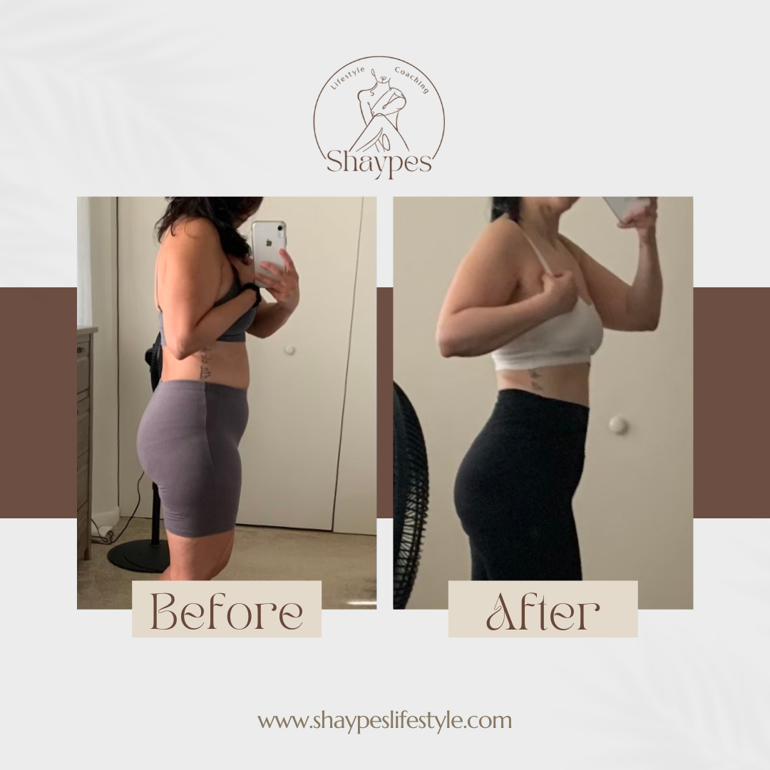 Two side-by-side photos of a person showing a body transformation, labeled 'Before' and 'After,' with changes in clothing and posture, under a logo for Shapyes Lifestyle Coaching and a website URL.