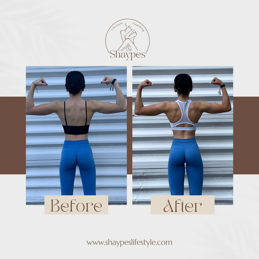 Before and after comparison of a person flexing back muscles; wearing sports bras and blue leggings; "Shaypes" logo and website URL visible.