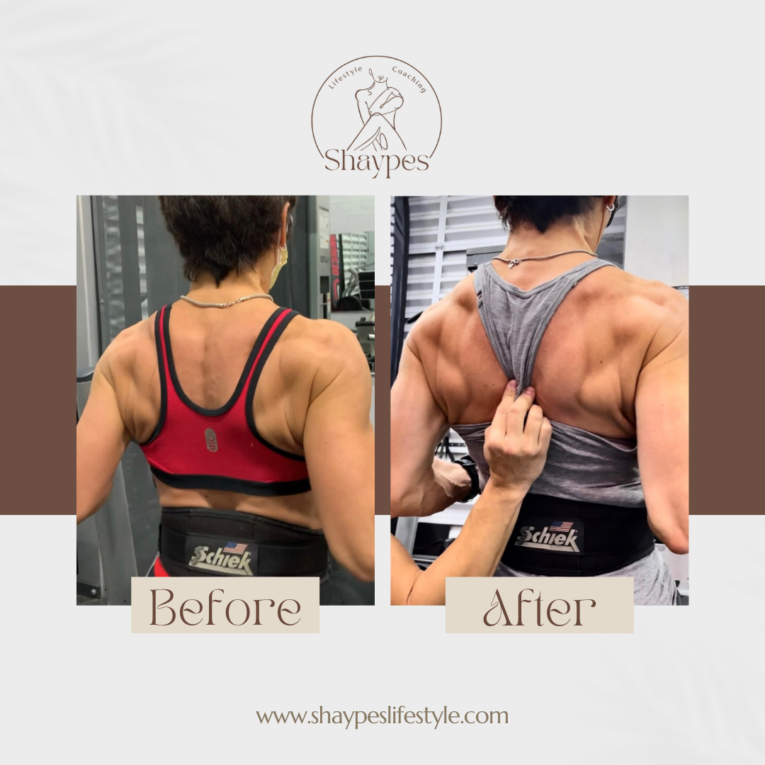 Before and after photos showing a person's back muscles in a fitness progression, with visible muscle definition improvement. Branding includes 'Shaypes Lifestyle Coaching' and website link.