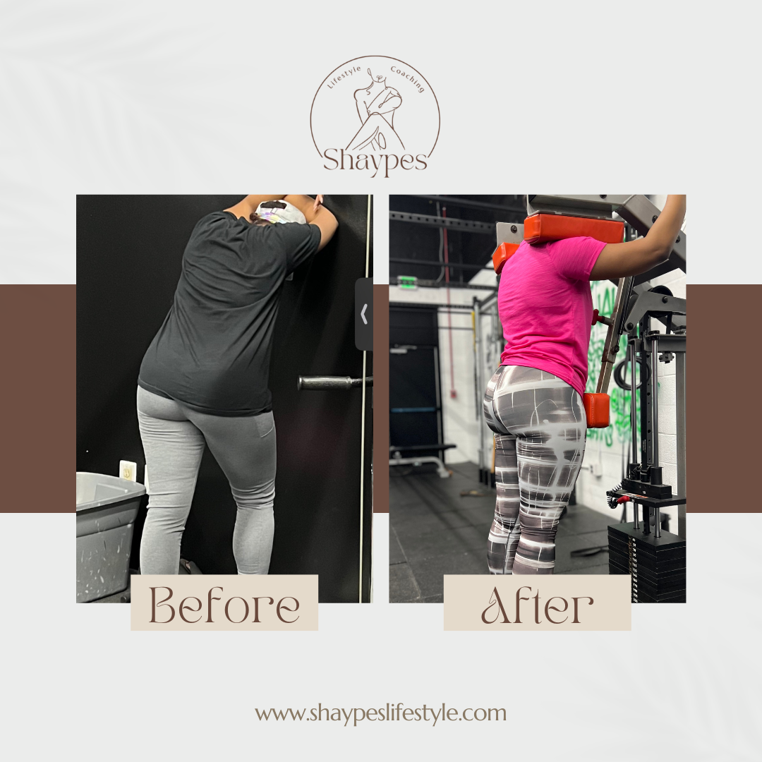 Before and after fitness transformation, showing a person in workout clothes with improved muscle tone, featuring the Shaypes brand logo and website URL.