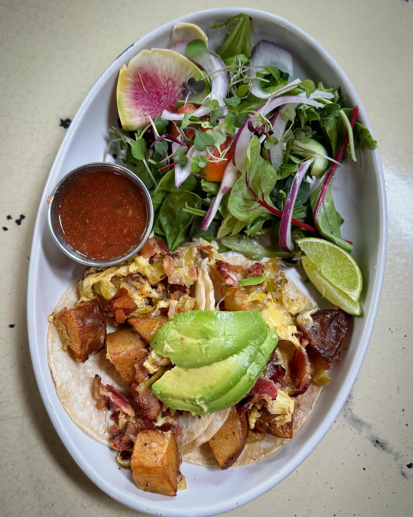 Breakfast tacos served 11-3pm everyday. Bacon, poblanos, eggs, cheese, potato, avocado served with our delicious salsa. Don&rsquo;t forget to ask for our house made hot sauces!