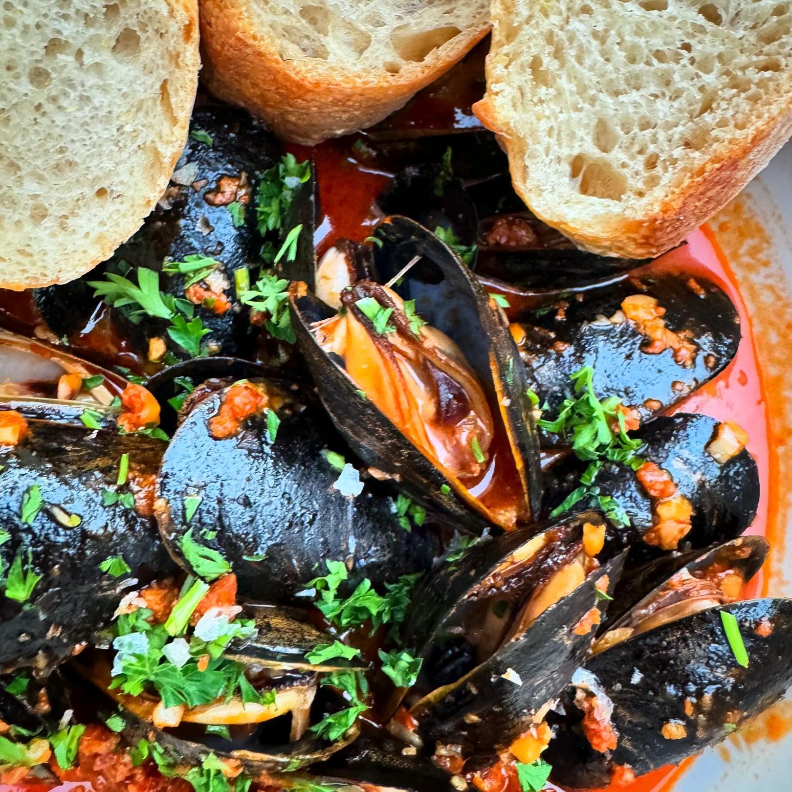 Mussels &amp; Chorizo ⭐️ Wine braised mussels with Spanish chorizo, fresh parsley, and delicious baguettes for soaking up all the broth 😛