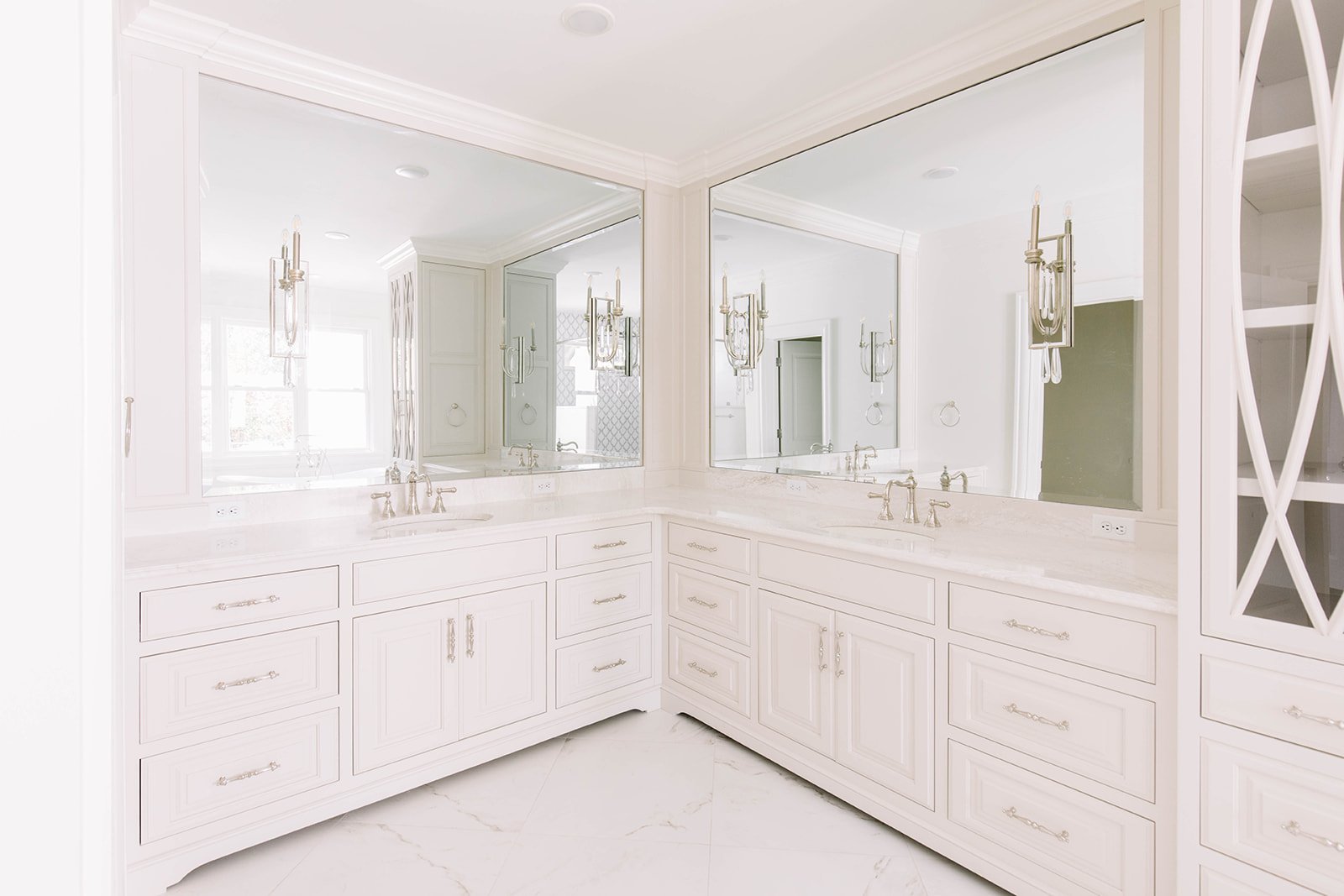 white bathroom renovation showing large double sinks