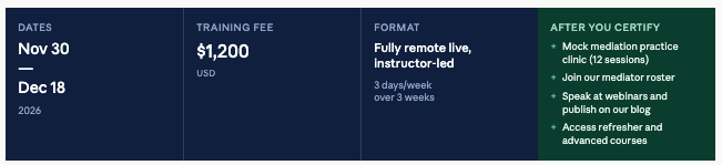 Table with training program details: date Nov 30, Dec 18, 2026; training fee $1,200 USD; format fully remote, instructor-led, 3 days/week over 3 weeks; after certification benefits including mock mediation practice, mediator roster, webinars, blog, access to resources.
