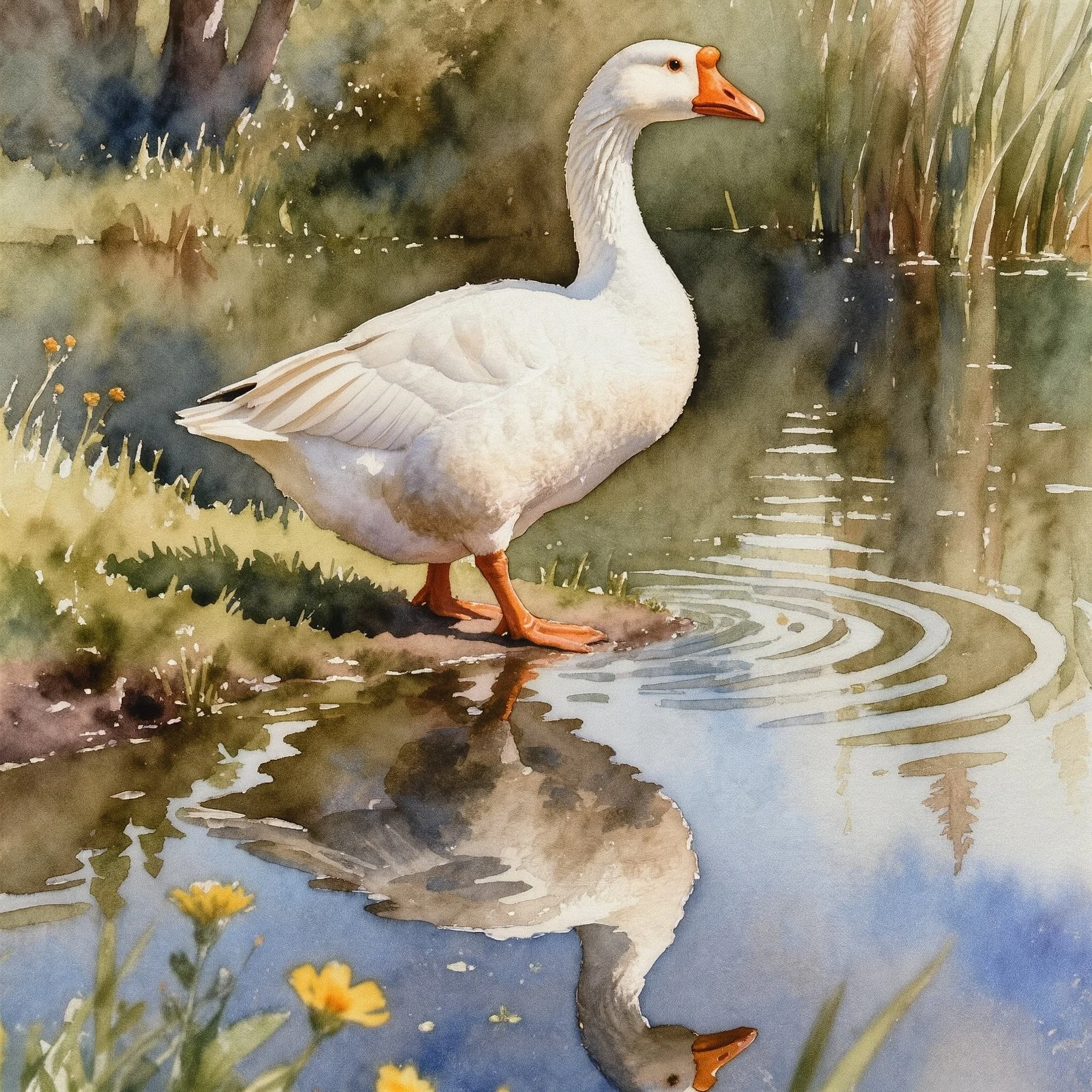 Watercolor Goose Reflections at the Pond  {digital graphic}