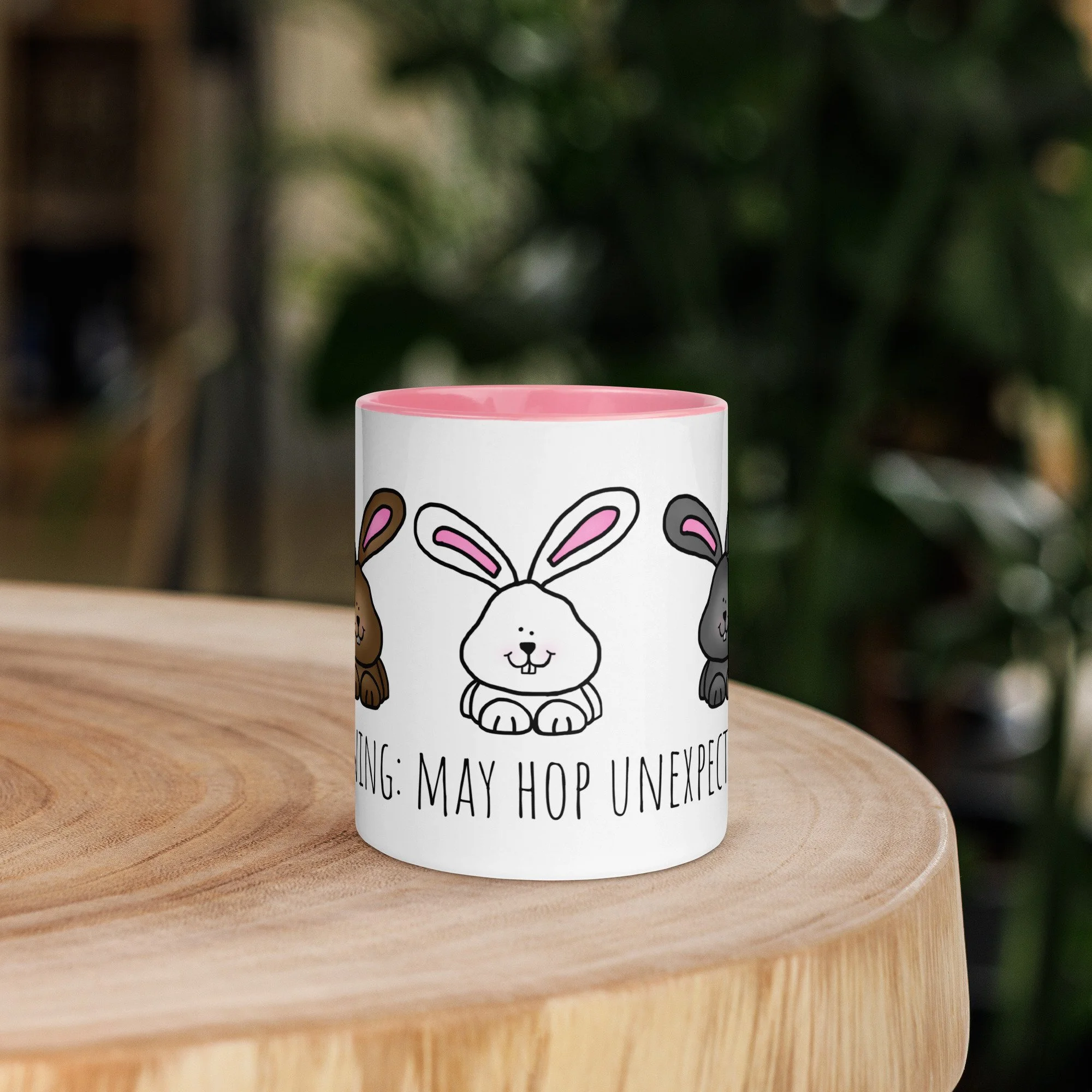 Mug with Color Inside (pink) - "Warning: May Hop Unexpectedly"