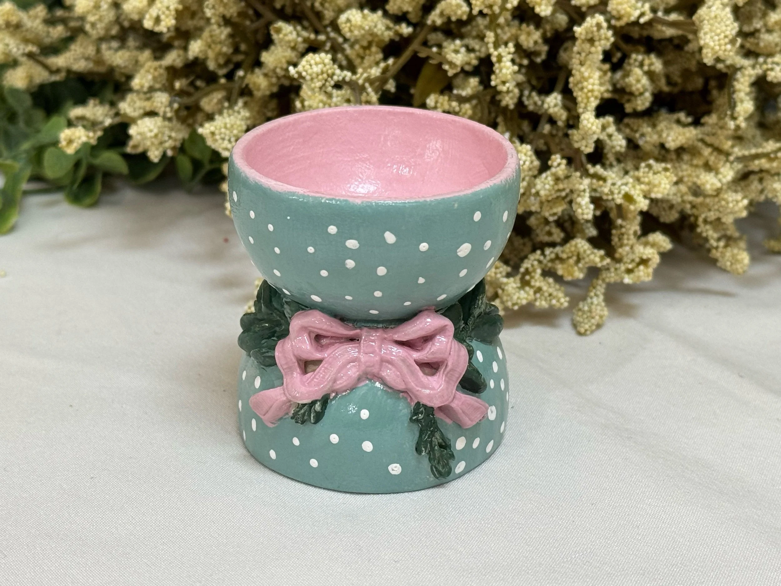 Hand-Painted Keepsake Dish for rings, jewelry and other tiny treasures: Pink Bow and Dots