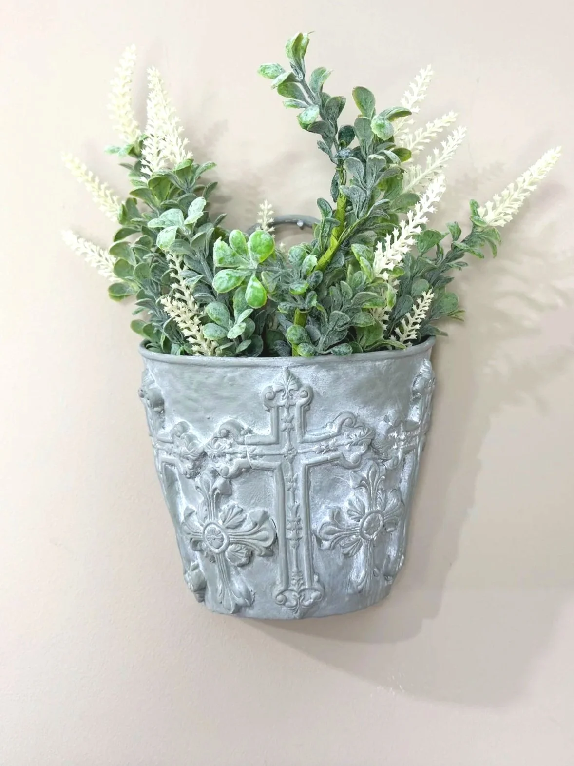 Ornate Cross Wall Pocket Planter (Distressed Stone Finish)
