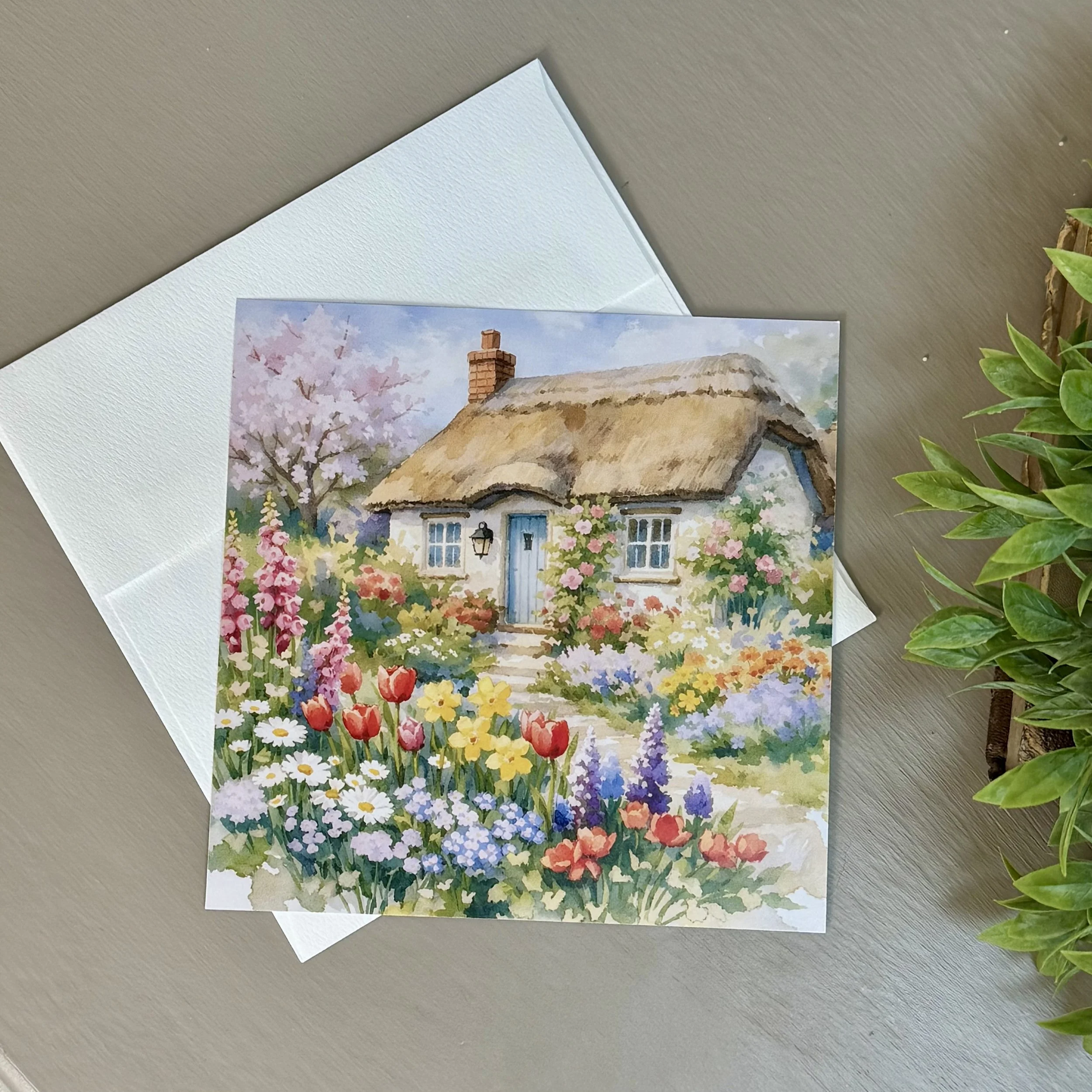 Set of 10 flat cards 5x5”  with envelope (blank inside): Cottage in Spring