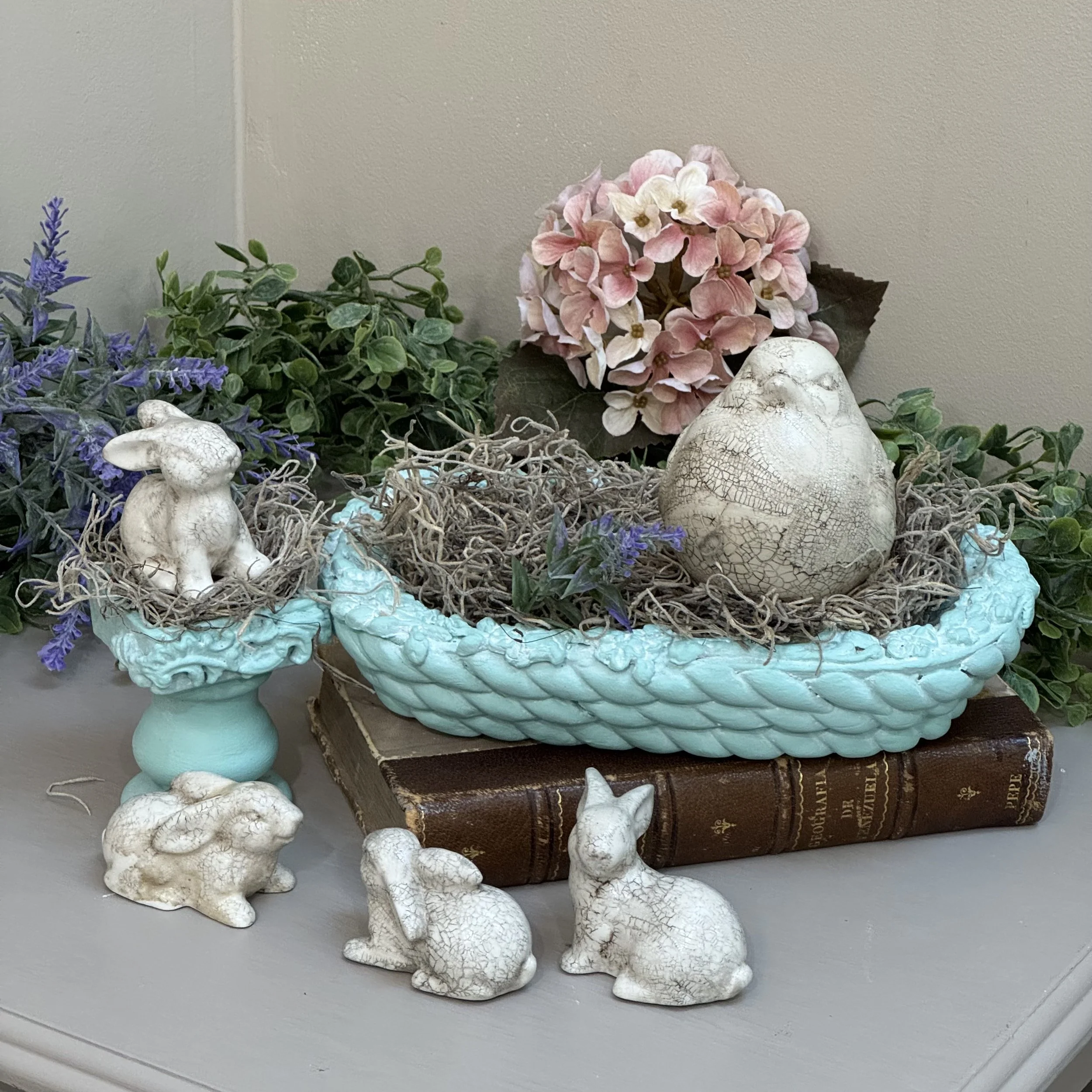 Spring Cottage Bunny Vignette – Handmade Decorative Display