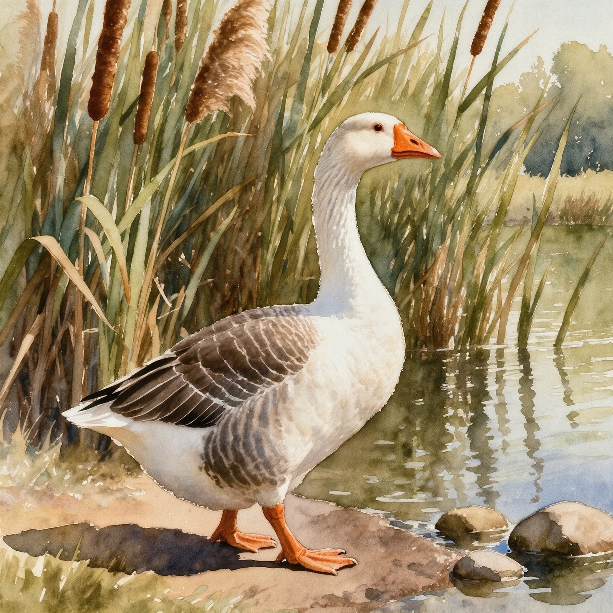 Watercolor Goose by a Marsh with Cattails  {digital graphic}