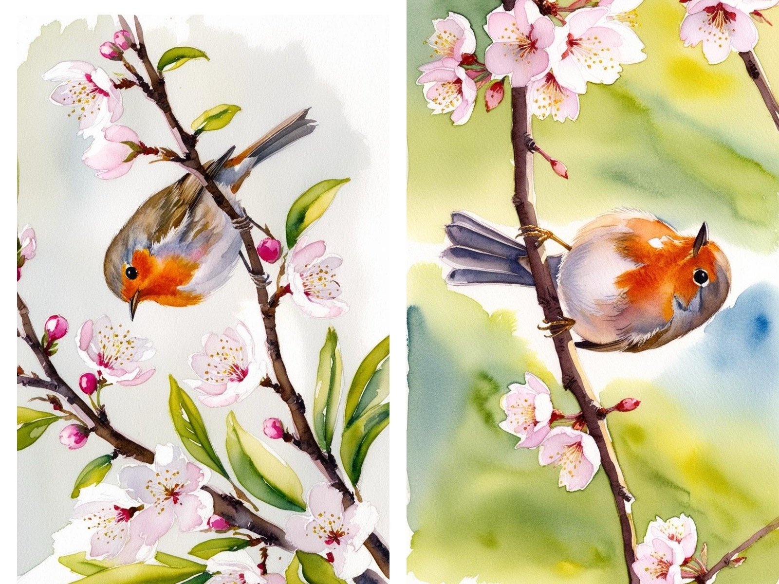 *digital* Bird on Branch with Pink Flowers