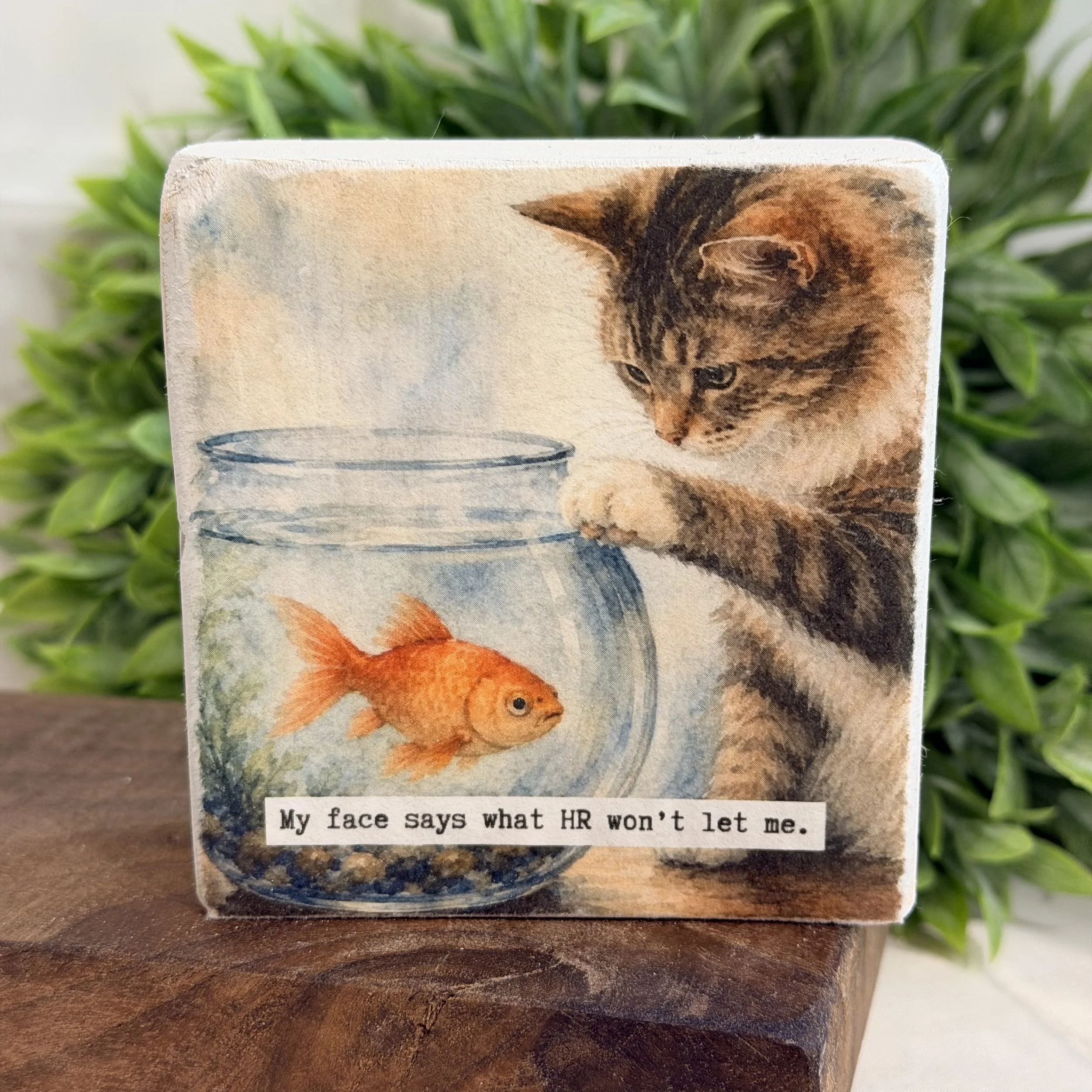 Curious Cat Wood Desk Sitter | Shelf or Desk Decor