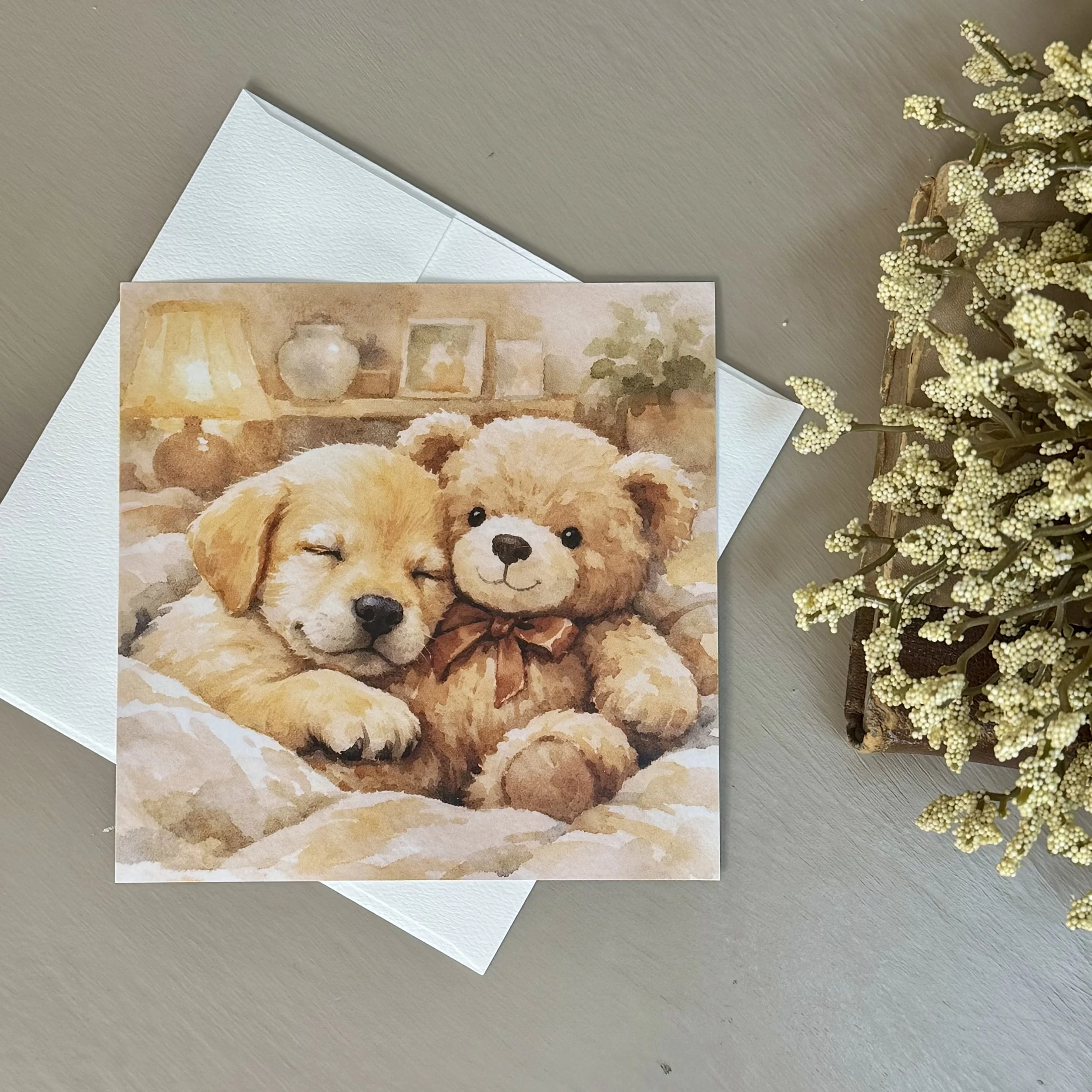 Set of 10 flat cards 5x5” with envelope (blank inside): Puppy Love