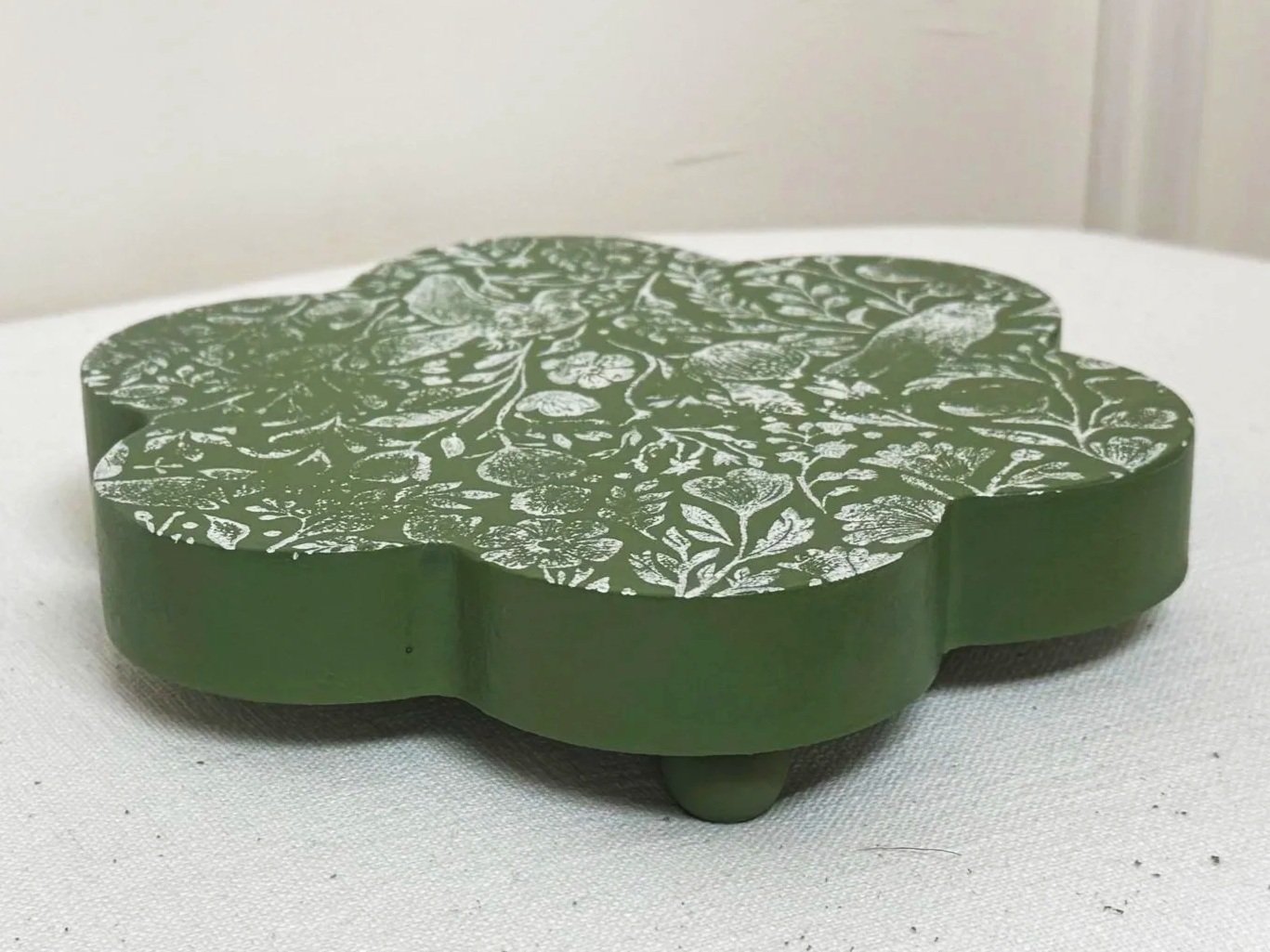 Hand-Painted Flower Shaped Wood Riser with Botanical Bird Design