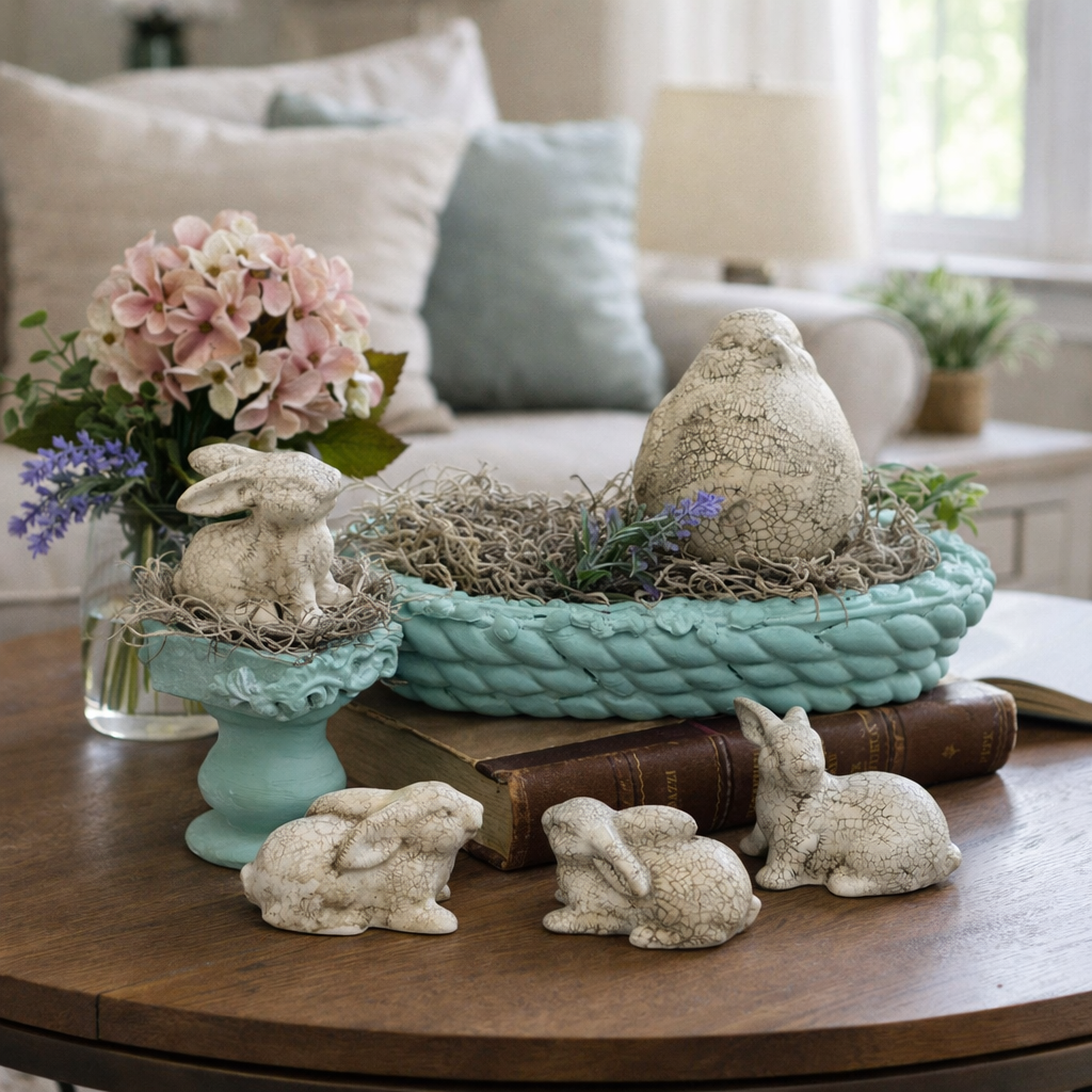 Spring Cottage Bunny Vignette – Handmade Decorative Display