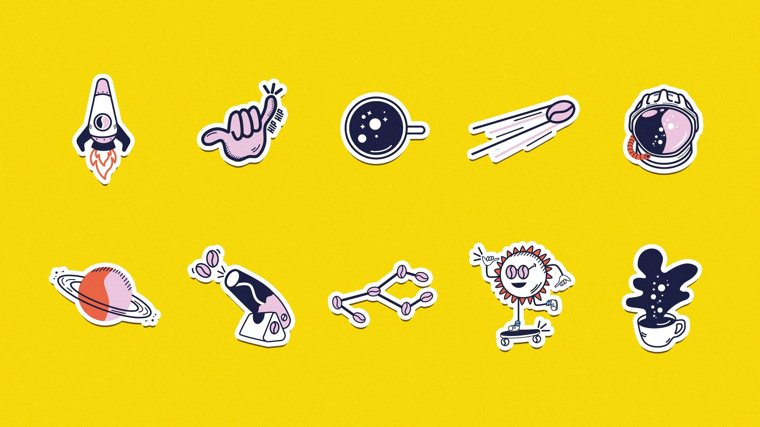 10 space-themed stickers on a yellow background, including a rocket, a hand pointing with a tattoo, a coffee mug with a universe design, a comet, an astronaut helmet, a planet with rings, a microscope, a molecular structure, a smiling sun character on a skateboard, and a steaming cup of coffee with star-like steam.