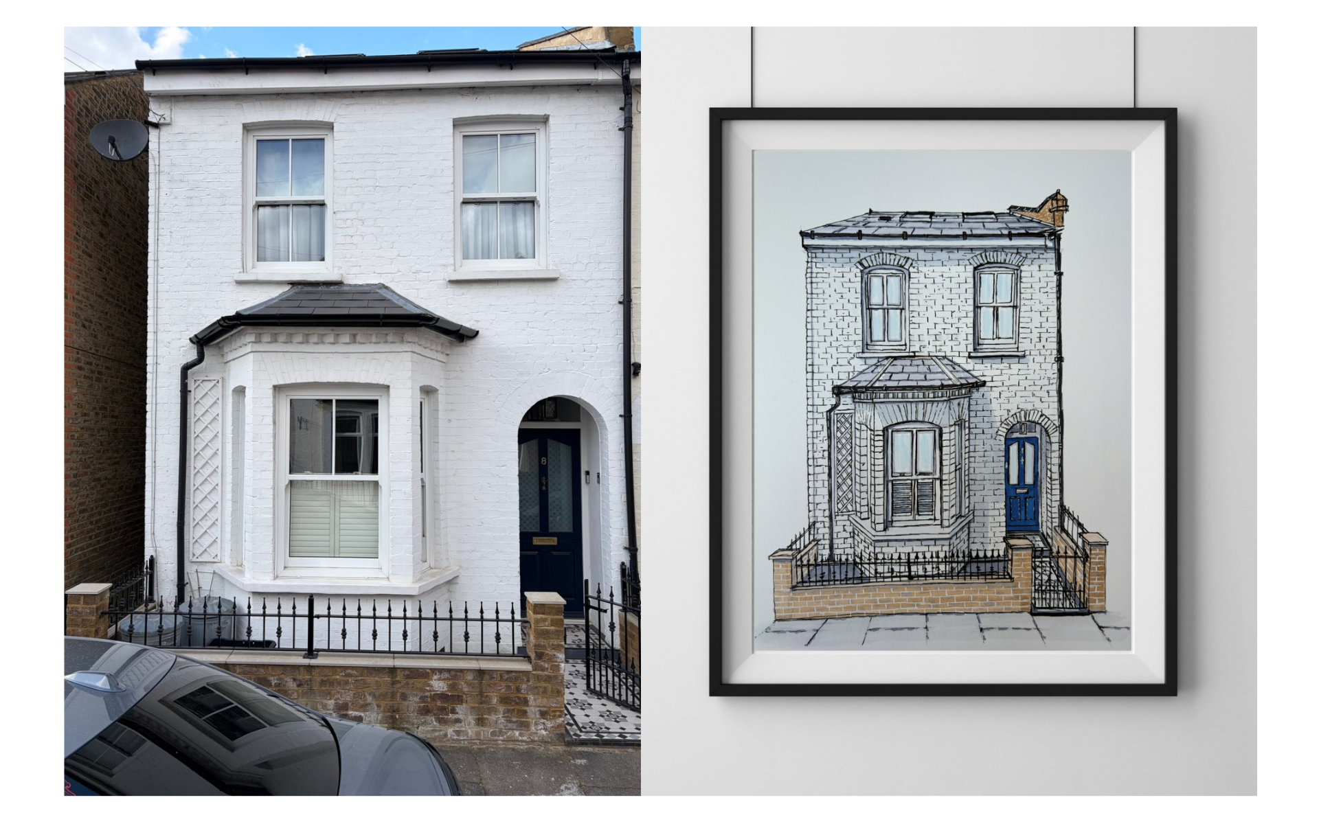 A drawing of a house facade.