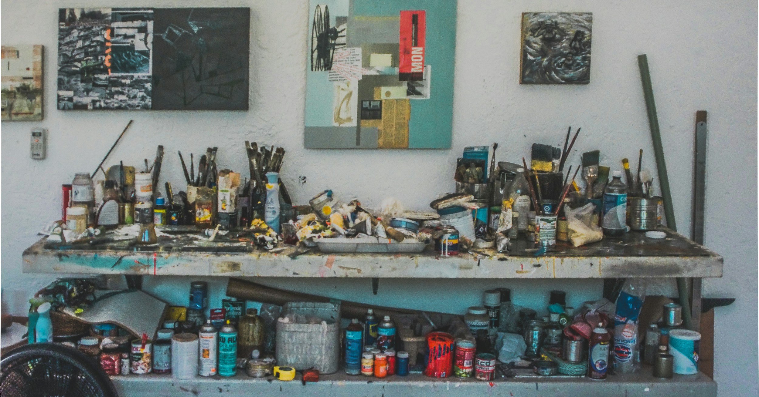 Selection of drawing and painting materials including pencil, pen and ink, coloured pencils and watercolours BL