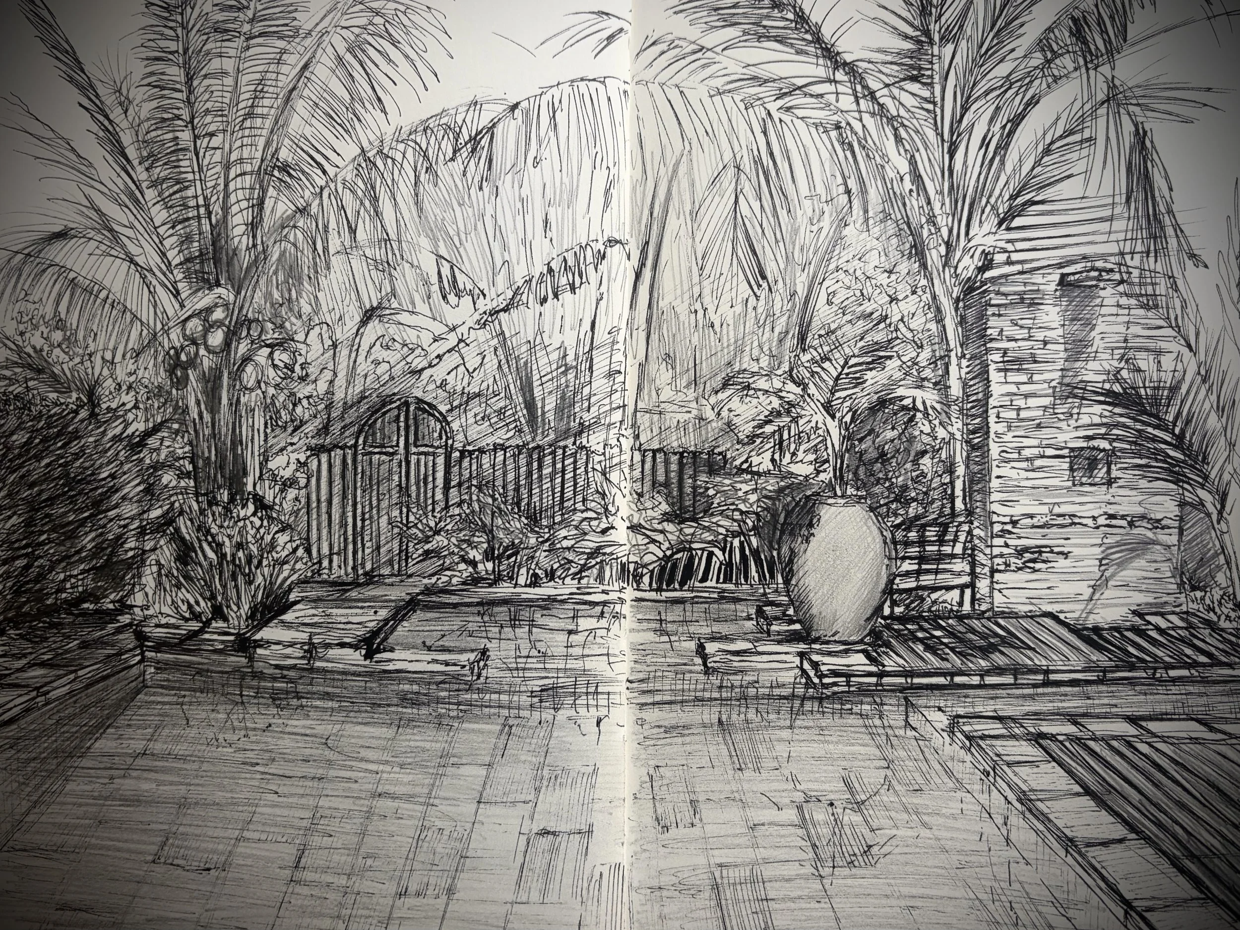 Black ink travel sketch across an open sketchbook showing palms, a garden gate, a path and a shaded veranda