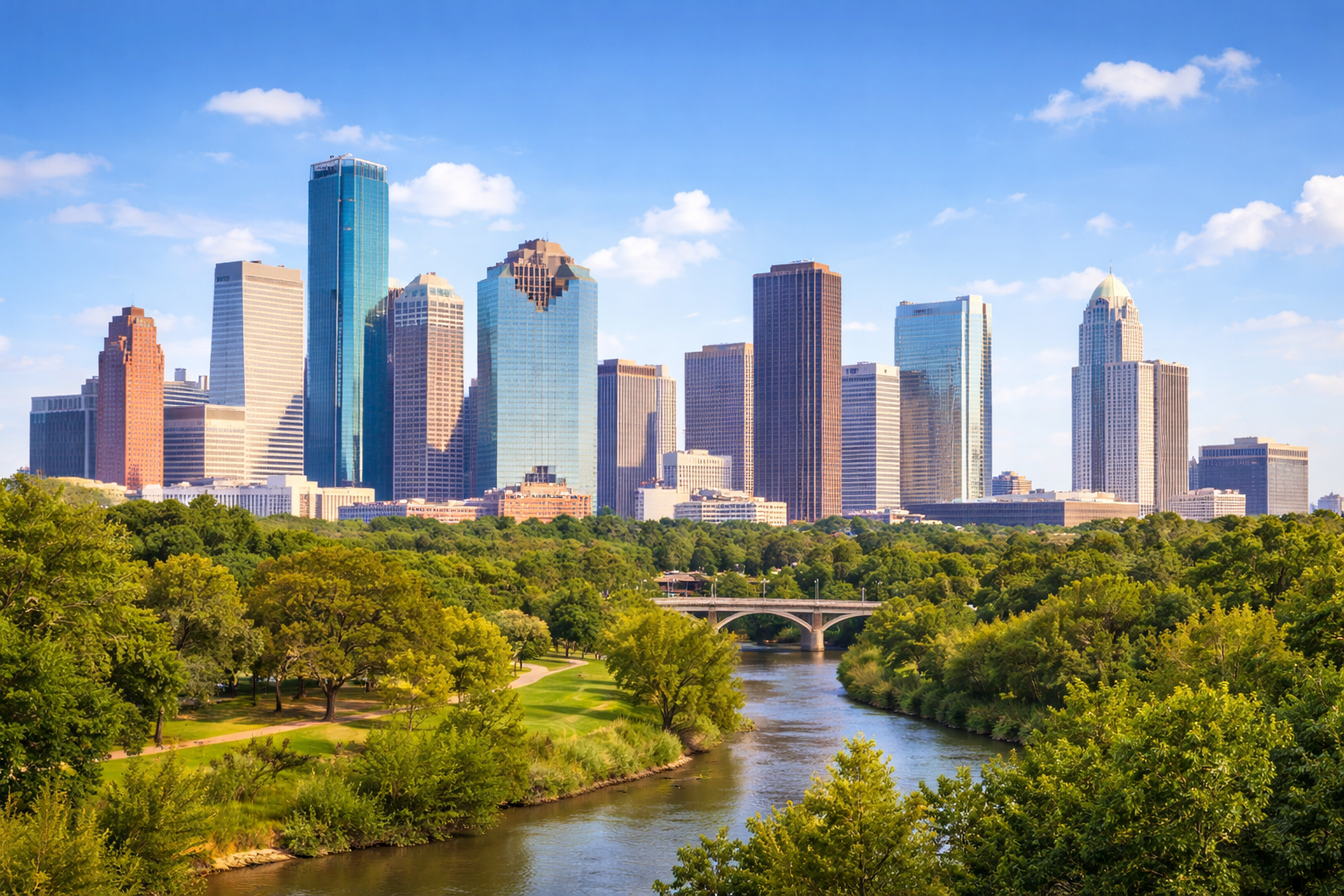 Houston skyline and Buffalo Bayou park.png